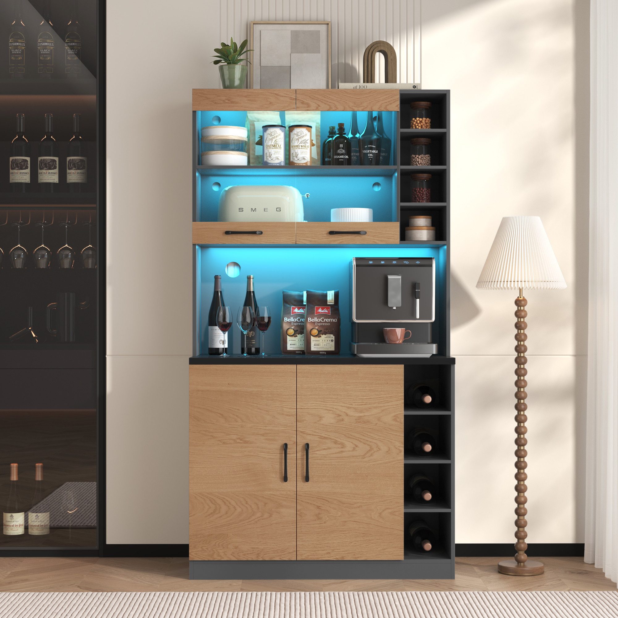 Odikalo Küchenbuffet Küchenschrank Vitrine Sideboard Ablagefach Weinregal Schwarz/Grau
