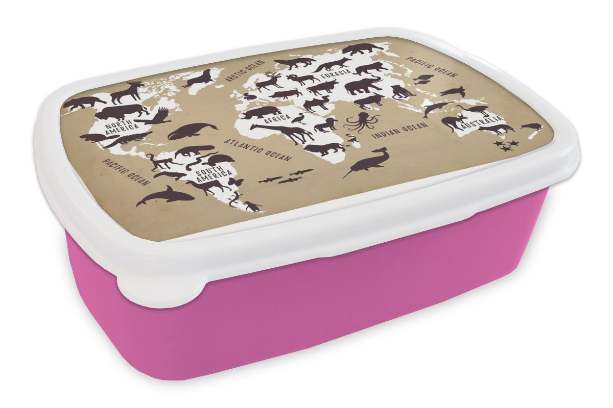 Kunststoff, - Mädchen, Kunststoff Lunchbox Erwachsene, MuchoWow Brotbox Weltkarte Brotdose Tiere, Sepia Snackbox, (2-tlg), für - Kinder, rosa
