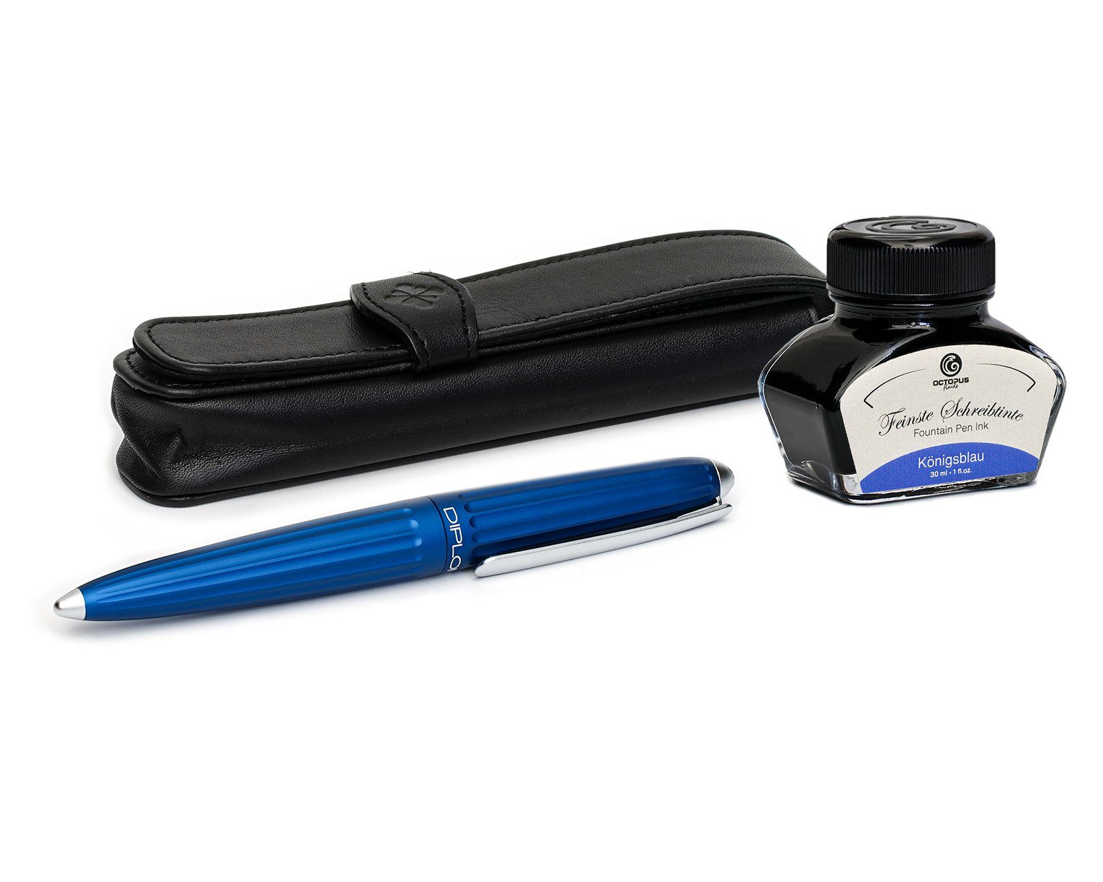DIPLOMAT Füllhalter Aero blau mit Lederetui und Schreibtinte, (Komplett-Set mit Tintenkonverter, Schreibtinte Königsblau von Octopus Fluids und Lederetui), MADE IN GERMANY
