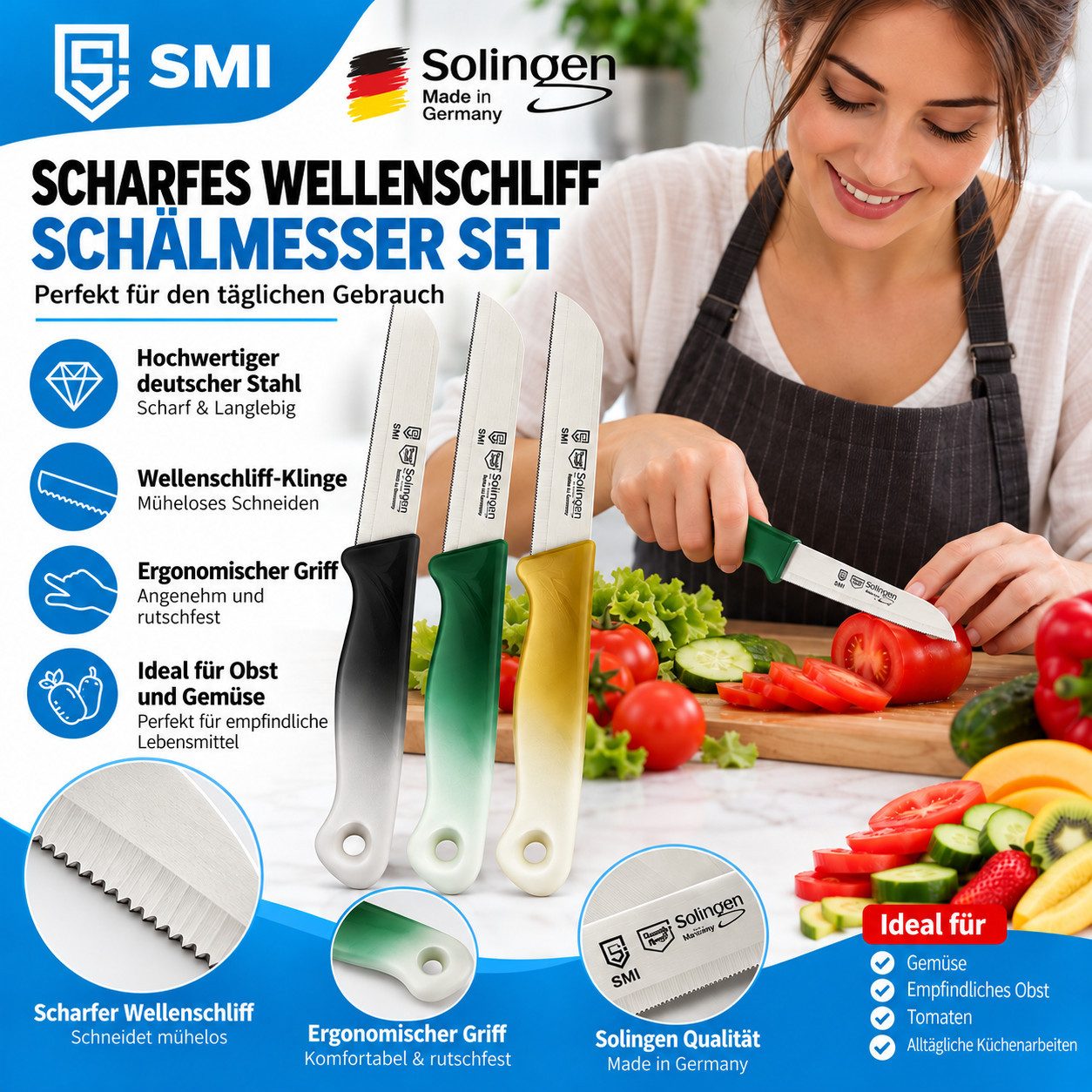 SMI Obstmesser 6-tlg Solingen Gemüsemesser Schälmesser Wellenschliff Küchenmesser – Bild 2 von 5