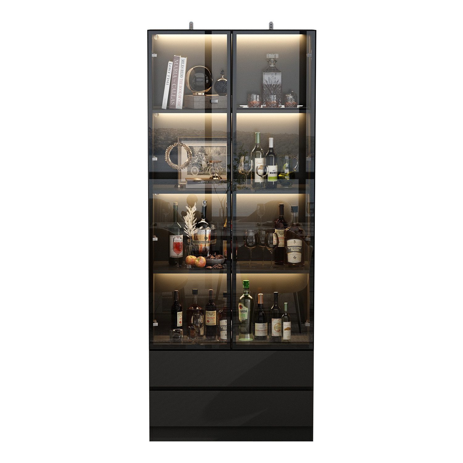 FUFU&GAGA Glasvitrine Vitrine mit Glas­türen und LED-Licht,Schwarz,MDF+Glas günstig online kaufen