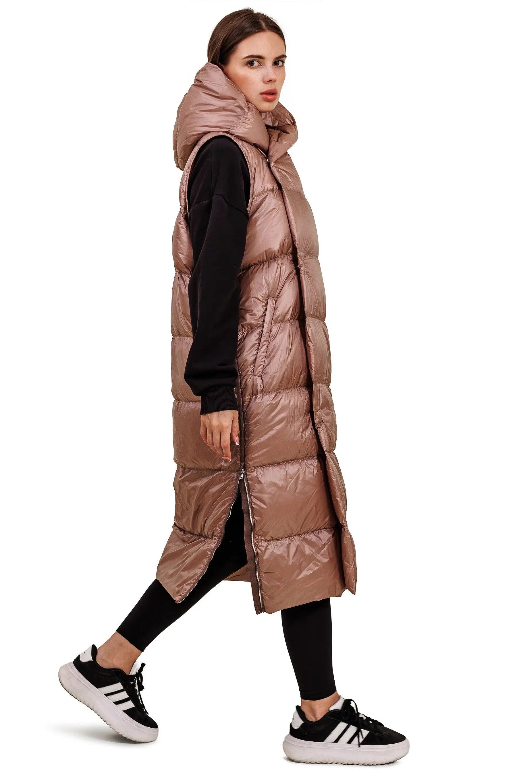JNBY Daunenweste Damen lange Daunenweste mit Kapuze Herbstweste champagner rosé warm – Bild 4 von 5