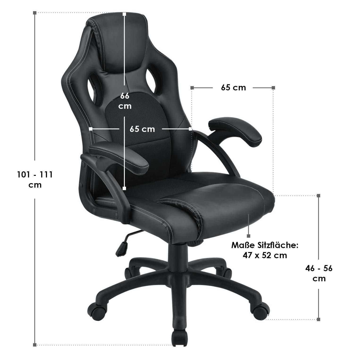 Juskys Gaming-Stuhl Montreal, Ergonomisch geformte Schwarz Sitzfläche, kippbar Rückenlehne und Sitzfläche