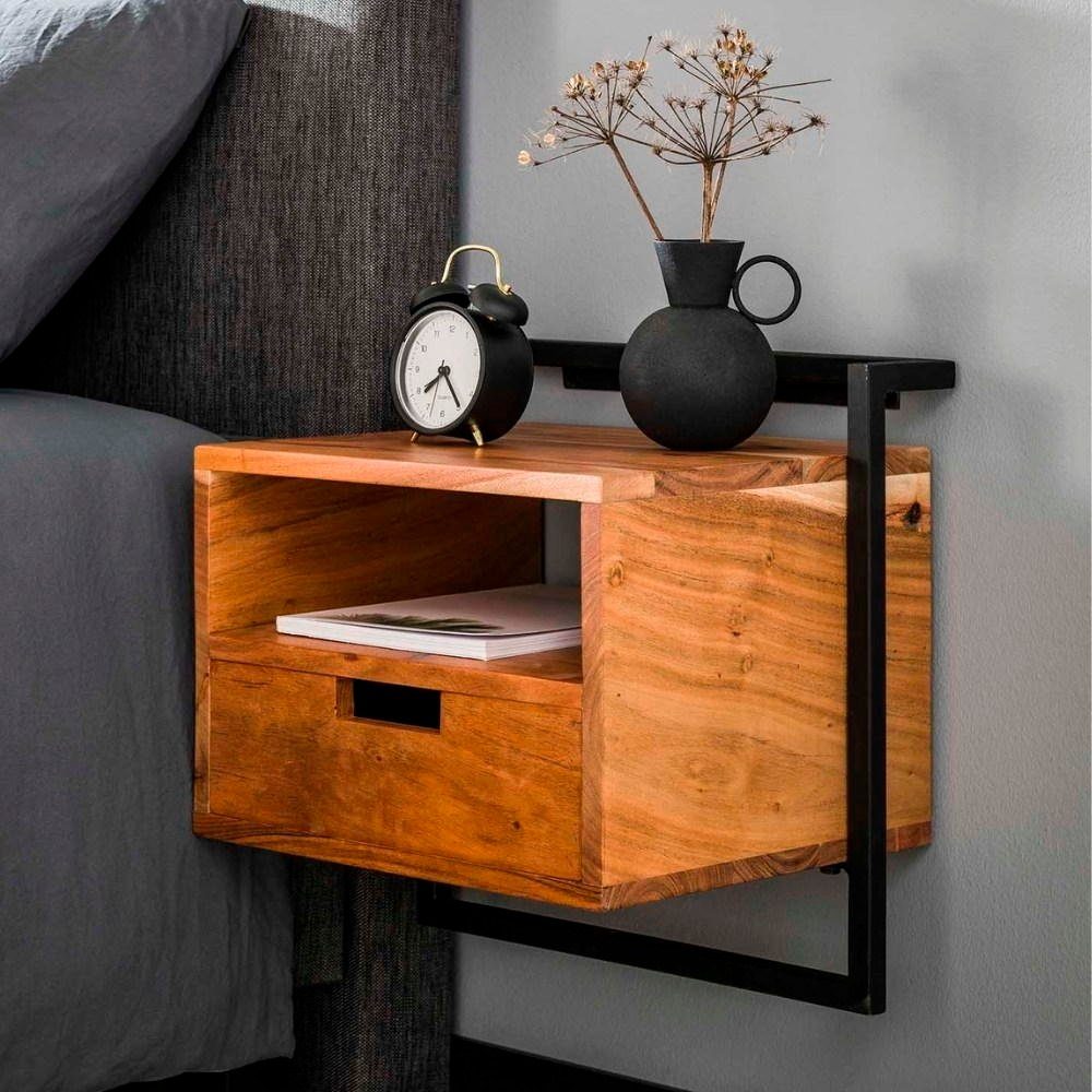 RINGO-Living Beistelltisch Massivholz Nachttisch Lolei mit Schublade in Natur-dunkel und Schwarz-, Möbel | Ablagetische
