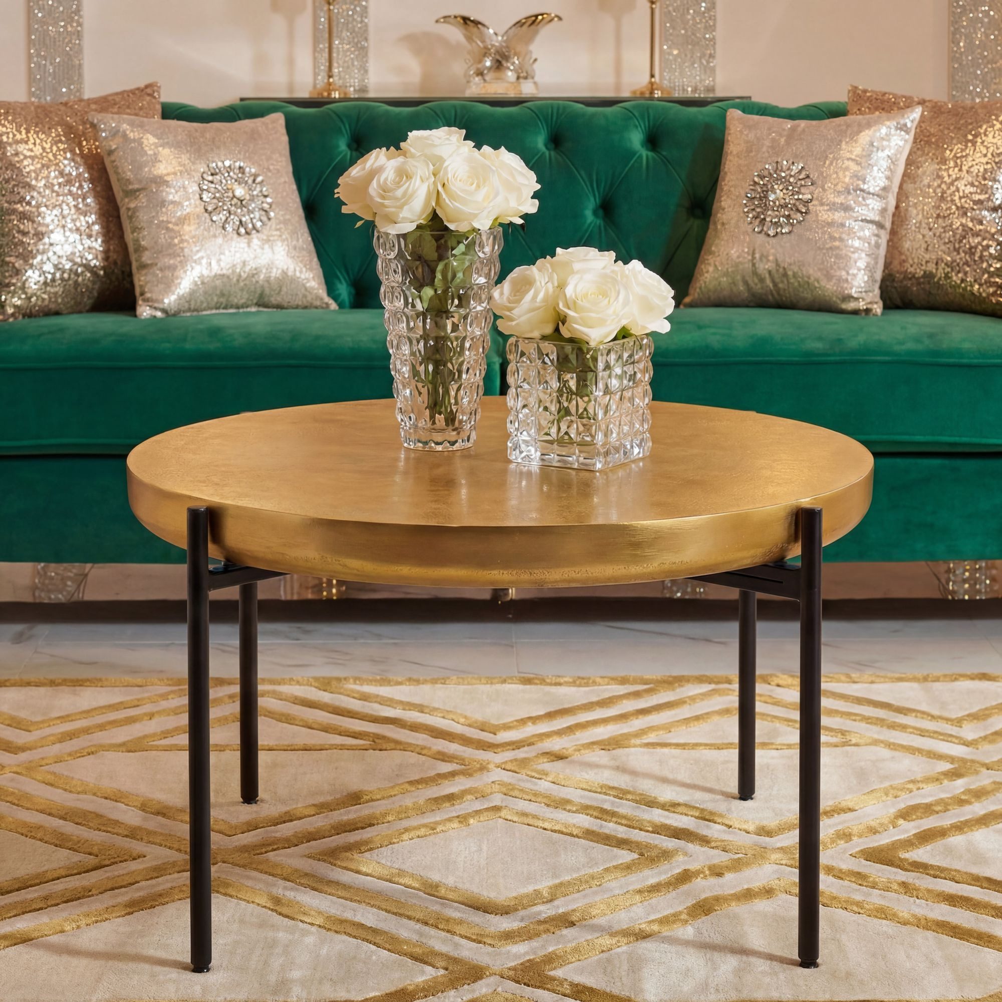 FINEBUY Couchtisch FB117899 Aluminium Gold 63cm Sofatisch Wohnzimmertisch Beistelltisch (Eleganter Kaffeetisch für gemütliche Abende), Luxuriöser Alutisch im modernen Orient Look