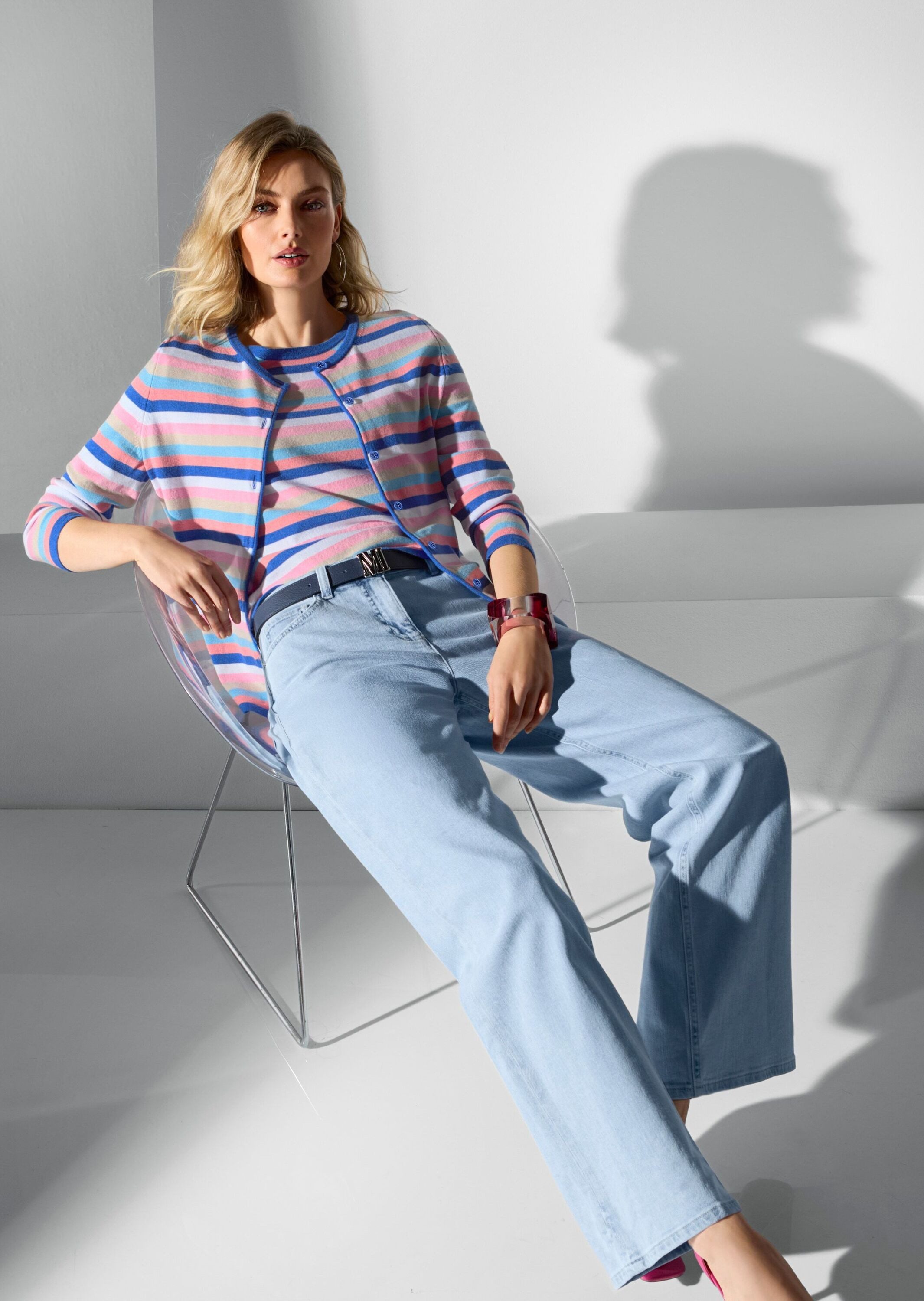 MADELEINE Strickjacke Streifenjacke aus Modal, Feinstrick, Rundhals Leichte Langarm Jacke mit buntem Muster, Knopfleiste