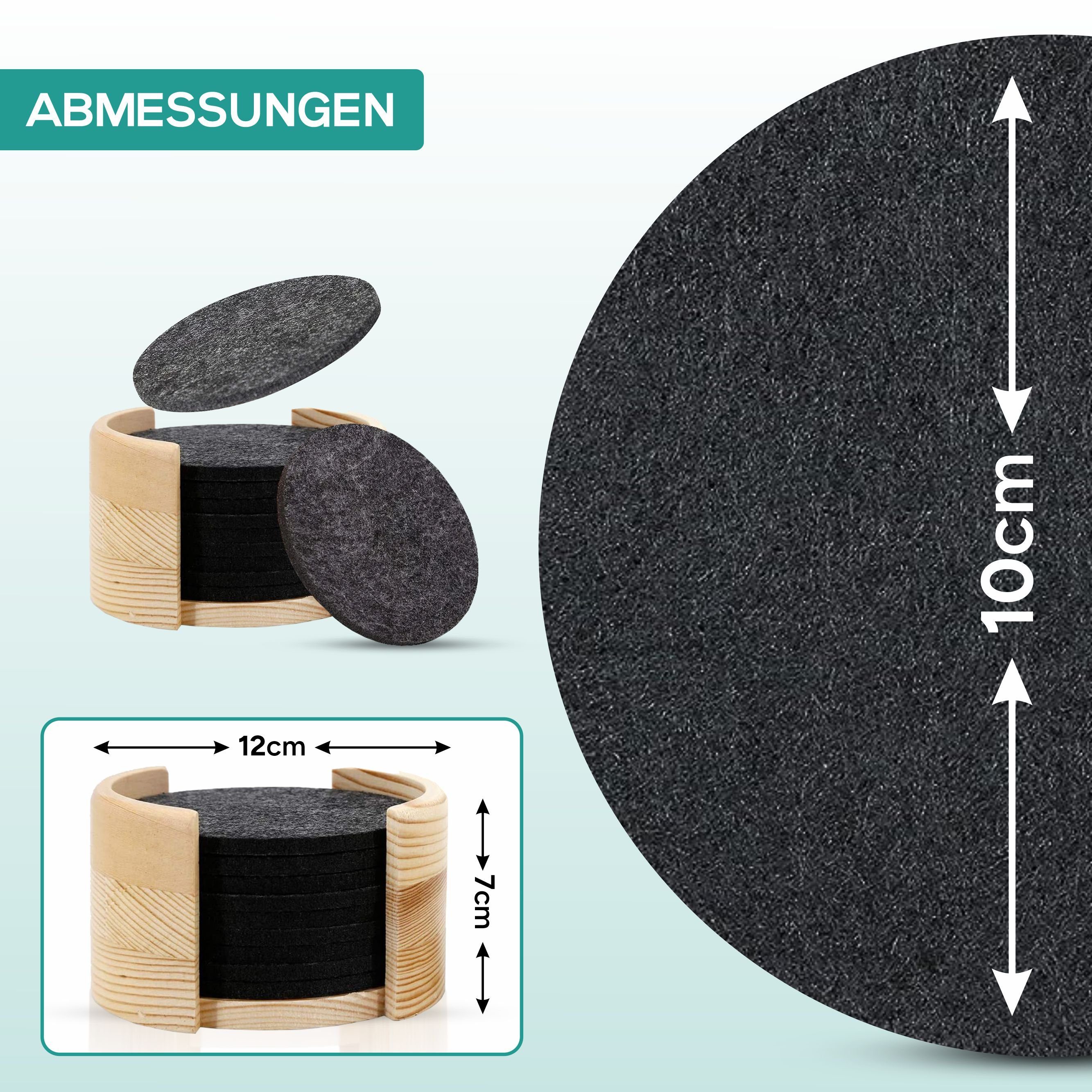 wortek Getränkeuntersetzer Filz-Untersetzer 10 Stück + Box, Anthrazit, Zubehör für Tisch & Gläser, Tassen, Bar, Glasuntersetzer Ø 10 cm inkl. Holzhalterung, waschbar