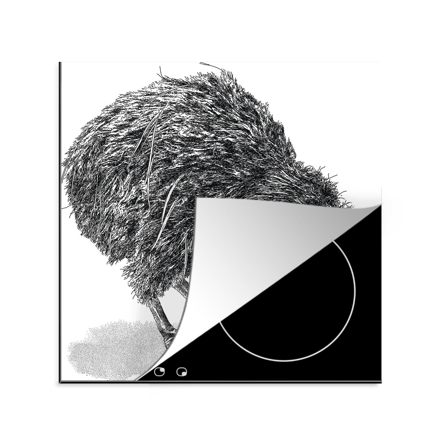 MuchoWow Herdblende-/Abdeckplatte Illustration eines Kiwi-Vogels in Schwarz und Weiß, Vinyl, (1 tlg), 78x78 cm, Ceranfeldabdeckung, Arbeitsplatte für küche