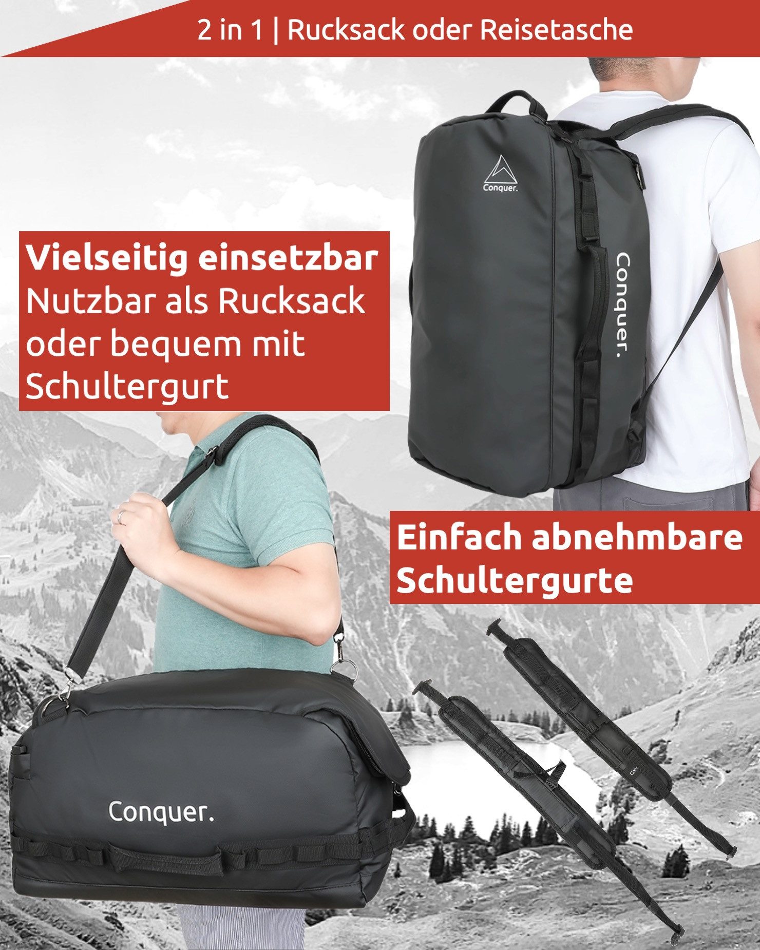 Conquer. Reisetasche Wasserfeste Reisetasche Duffle Bag 45 L, robuste Base-Camp-Tasche (1-tlg), Abnehmbare Schultergurte