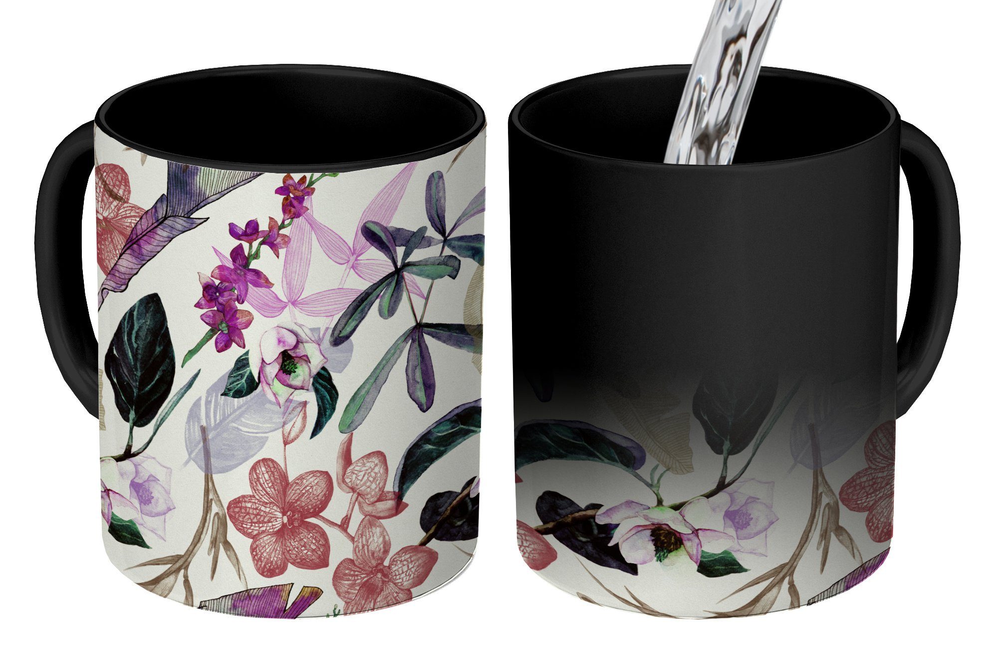MuchoWow Tasse Dschungel - Blumen - Vintage - Muster, Keramik, Farbwechsel, Kaffeetassen, Teetasse, Zaubertasse, Geschenk