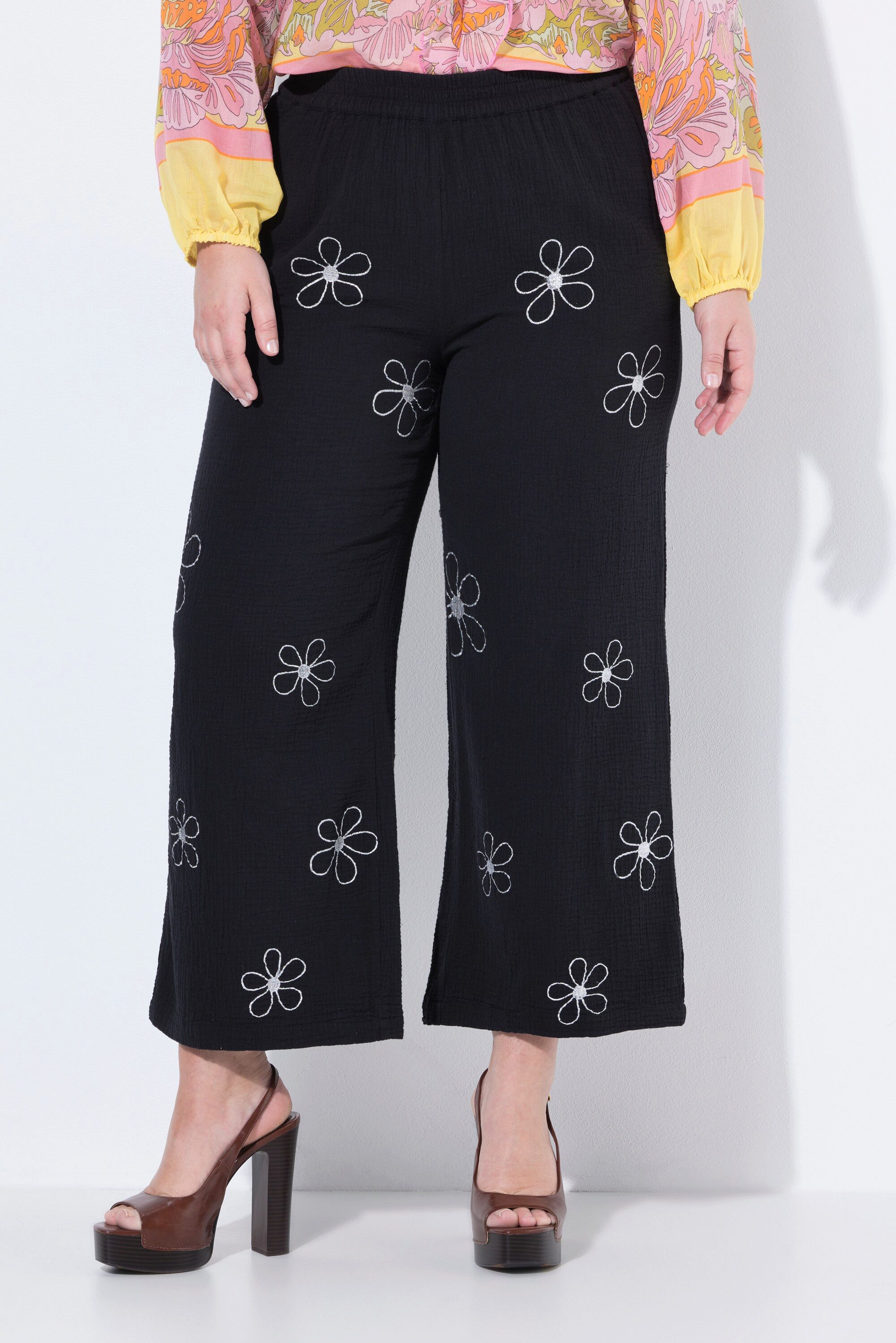 MIAMODA Funktionshose Culotte weites gerades Bein Musselin Silber-Blüten