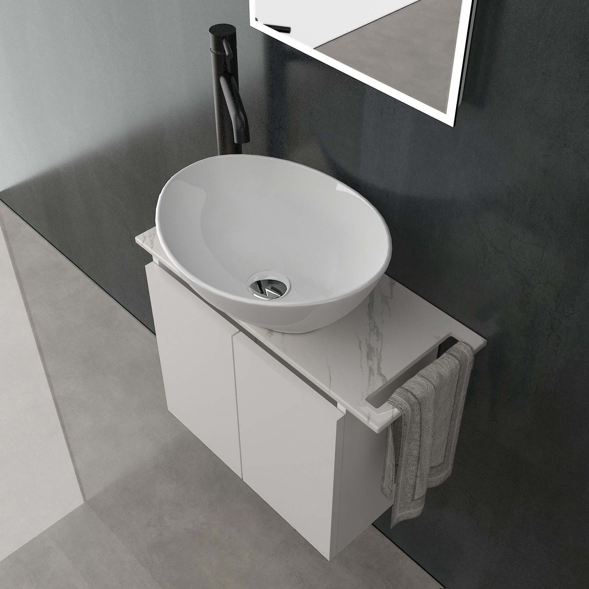 Alpenberger Waschtisch Alpenberger Aufsatzwaschbecken mit Unterschrank hängend (Waschbecken mit Unterschrank für Bad & Gäste-WC, mit Keramik Waschtischplatte), MDF/MFC Waschbeckenunterschrank Weiss