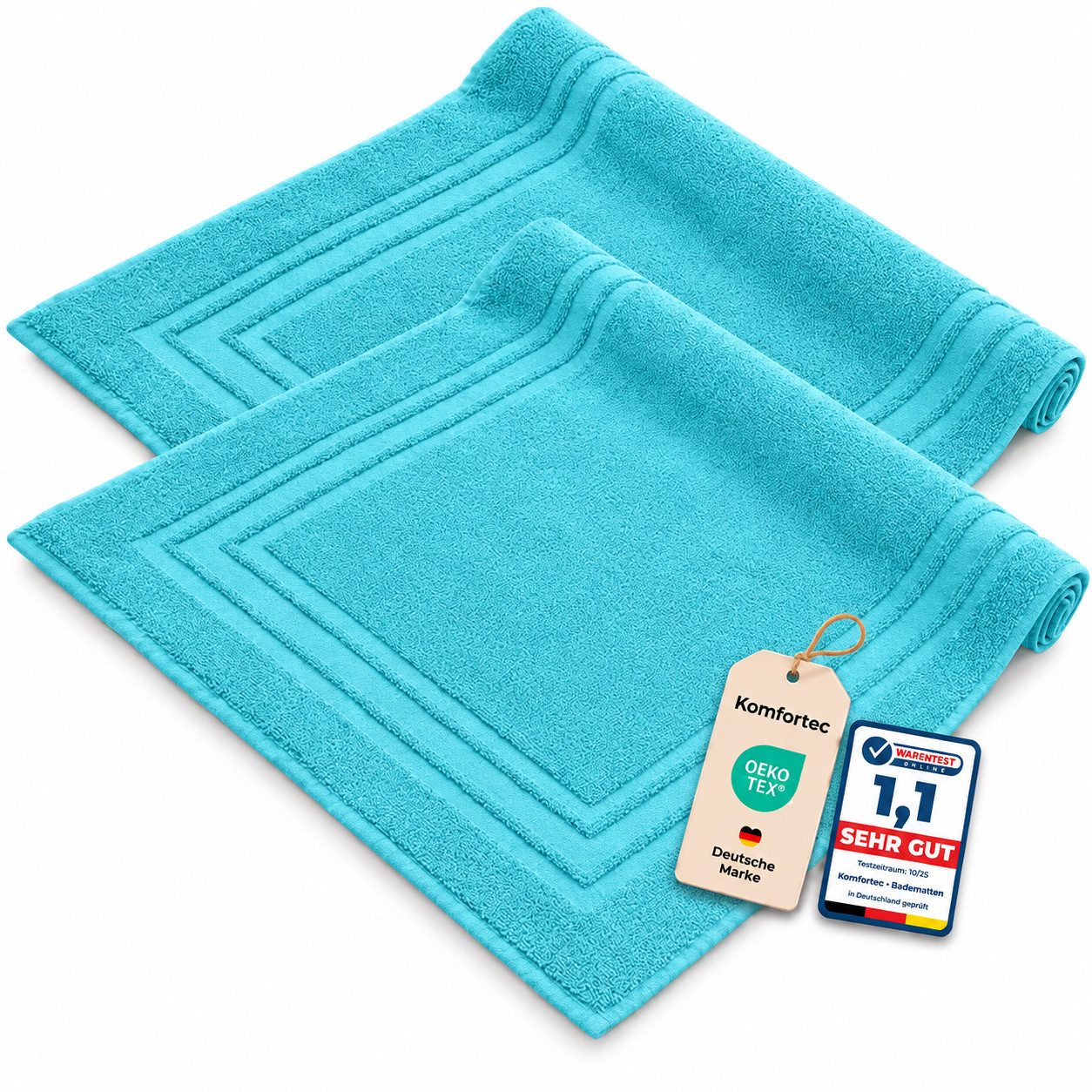 Komfortec Badematte 2er Badetuch Set aus 100% Baumwolle 50x70 cm Extra Weich & Saugstark, Rechteckig, 600 g/m²