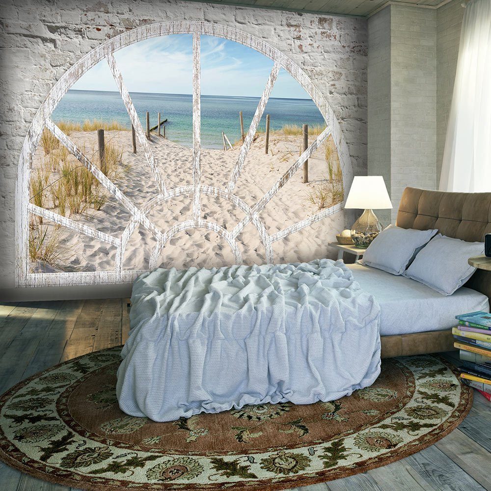 KUNSTLOFT Vliestapete Window View - Beach 1.5x1.05 m, halb-matt, lichtbeständige Design Tapete
