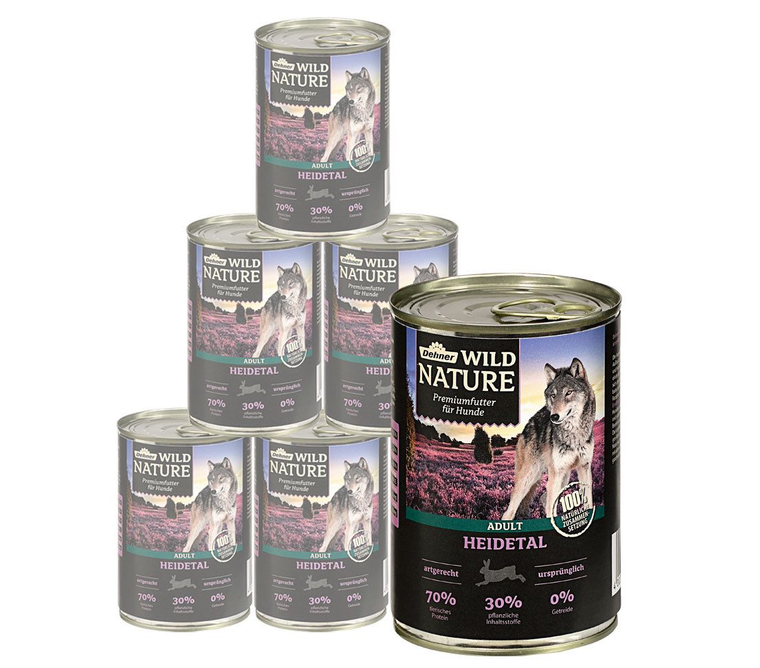 Dehner Wild Nature Heidetal Adult Lamm, 6 x 400 / 800 g Dose Kaninchen, Nassfutter für: Hunde, Nassfutter für ausgewachsene Hunde, glutenfrei