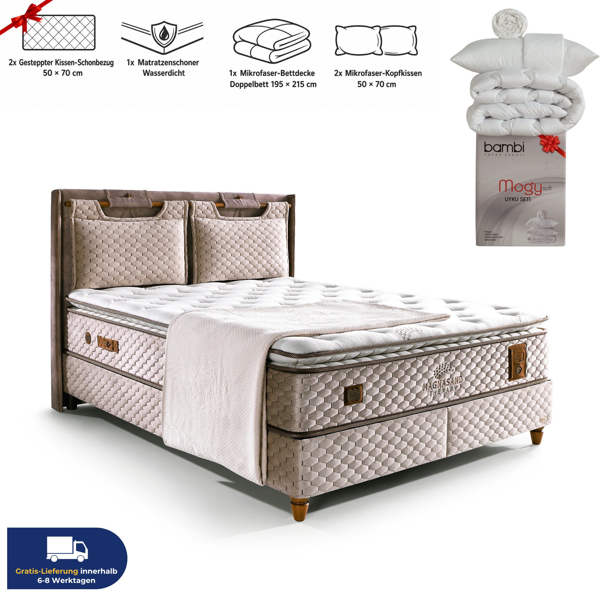 Bambi Boxspringbett inkl. 10 Schichten Matratze mit Topper 33 cm Höhe inkl. Lieferung (Härtegrad H3, Taschenfederkern mit Topper), mit Matratze und Topper