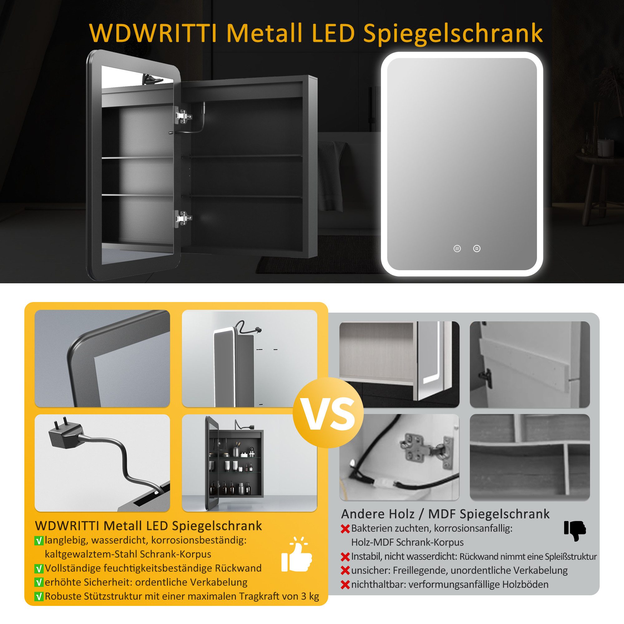 WDWRITTI Spiegelschrank Schwarz mit beleuchtung Hängeschrank 3Lichtfarben Dimmbar Anti-fog (Badezimmerspiegelschrank mit LED, Speicherfunktion, 1 türen 50x70cm, 40x60cm, Doppelseitiger Spiegel, Alu-Schranktür) Full Surround Light Strip, mit Netzadapter