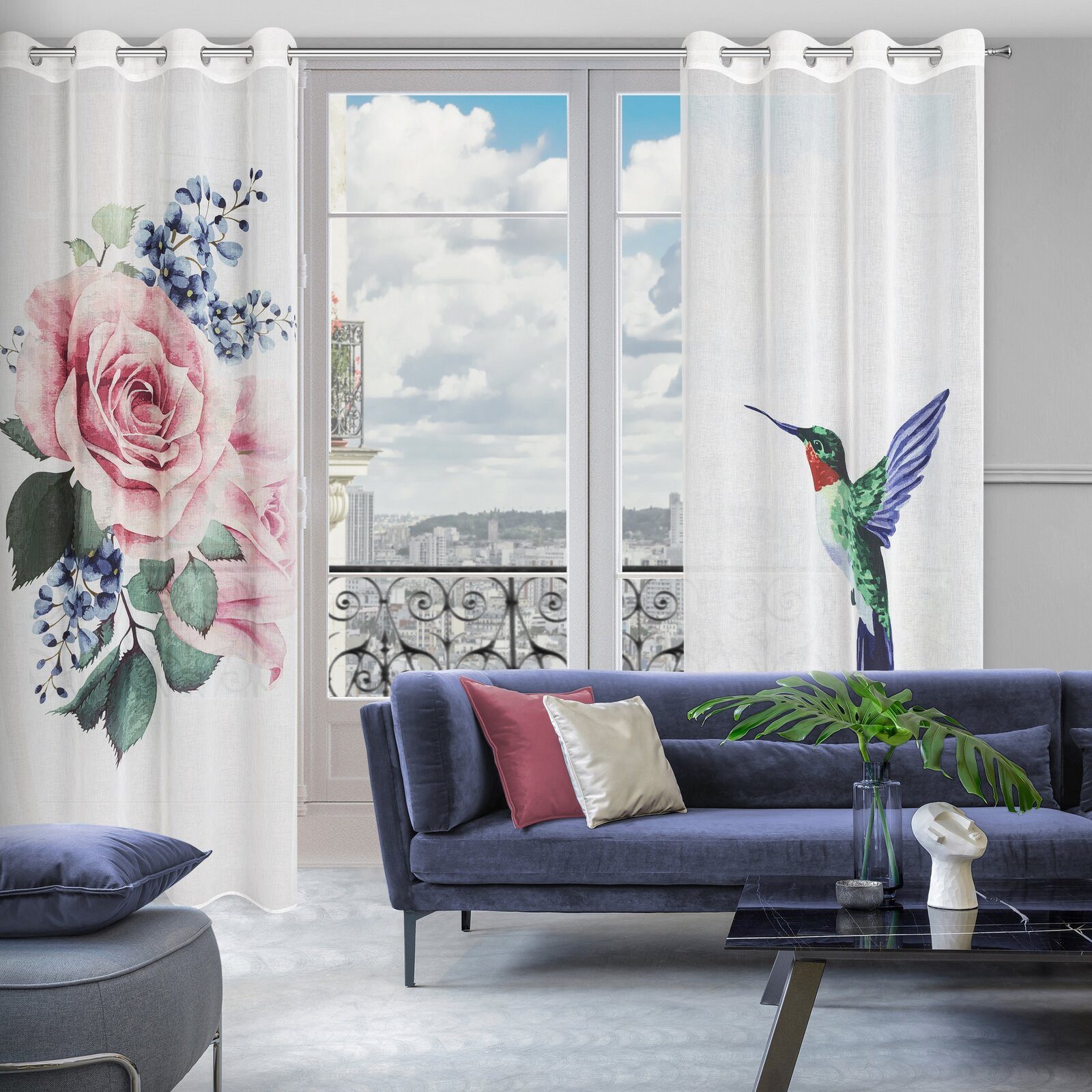 Vorhang Set von 2 Vorhänge, Eurofirany, Kolibri Muster, Blumenmuster, Etamin, Halbtransparent, Ösen