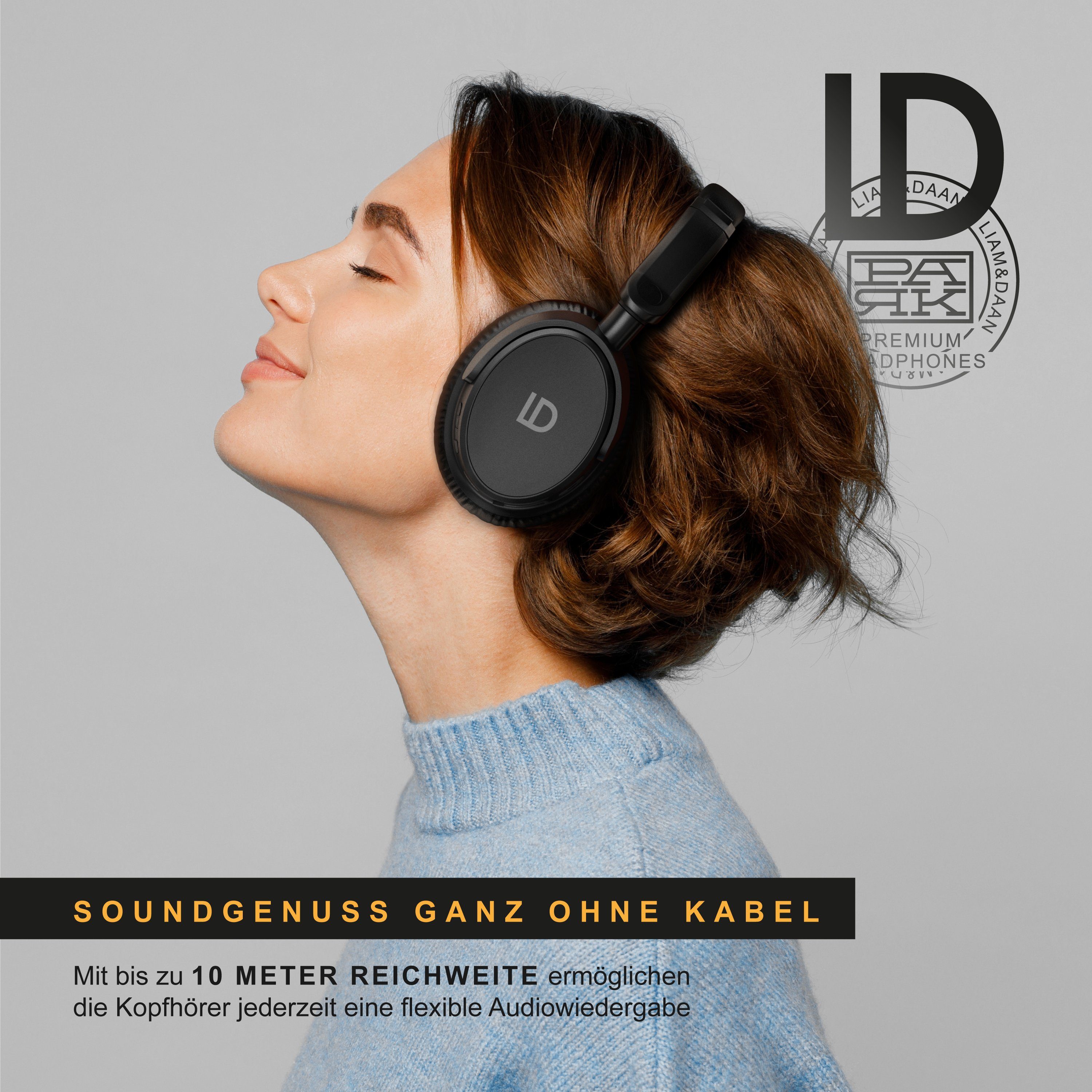 LIAM&DAAN Wireless (Bluetooth, 3,5mm kabelloses & Headphone Headset, Akku Bluetooth-Kopfhörer mit On-Ear AUX) BT