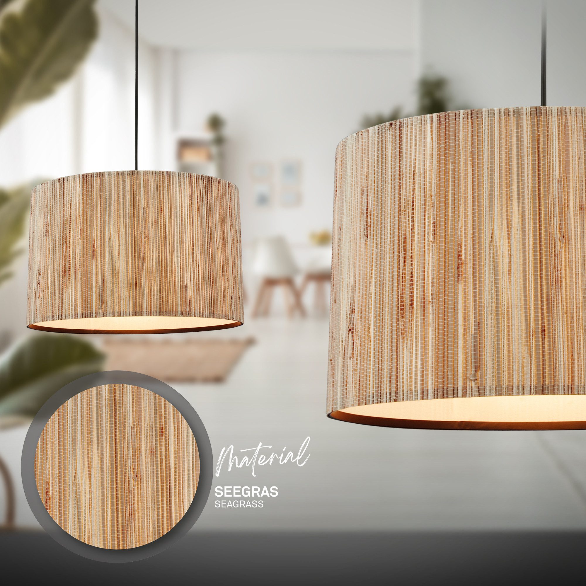 Briloner Leuchten LED Pendelleuchte Hängelampe Natur Stroh Bast 1-&3-flammig 485X, ohne Leuchtmittel, Abhängig vom Leuchtmittel, Hängelampe Natur max. 10W Esszimmer Wohnzimmer Küche