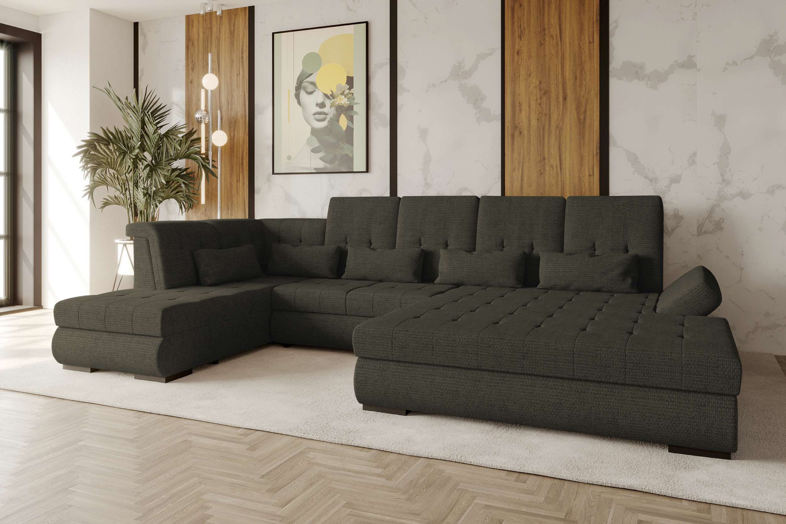 99rooms Wohnlandschaft Felicia, Sofa, U-Form, links/rechts bestellbar,Bettfunktion, 5 Zierkissen, in Chenille EDEN