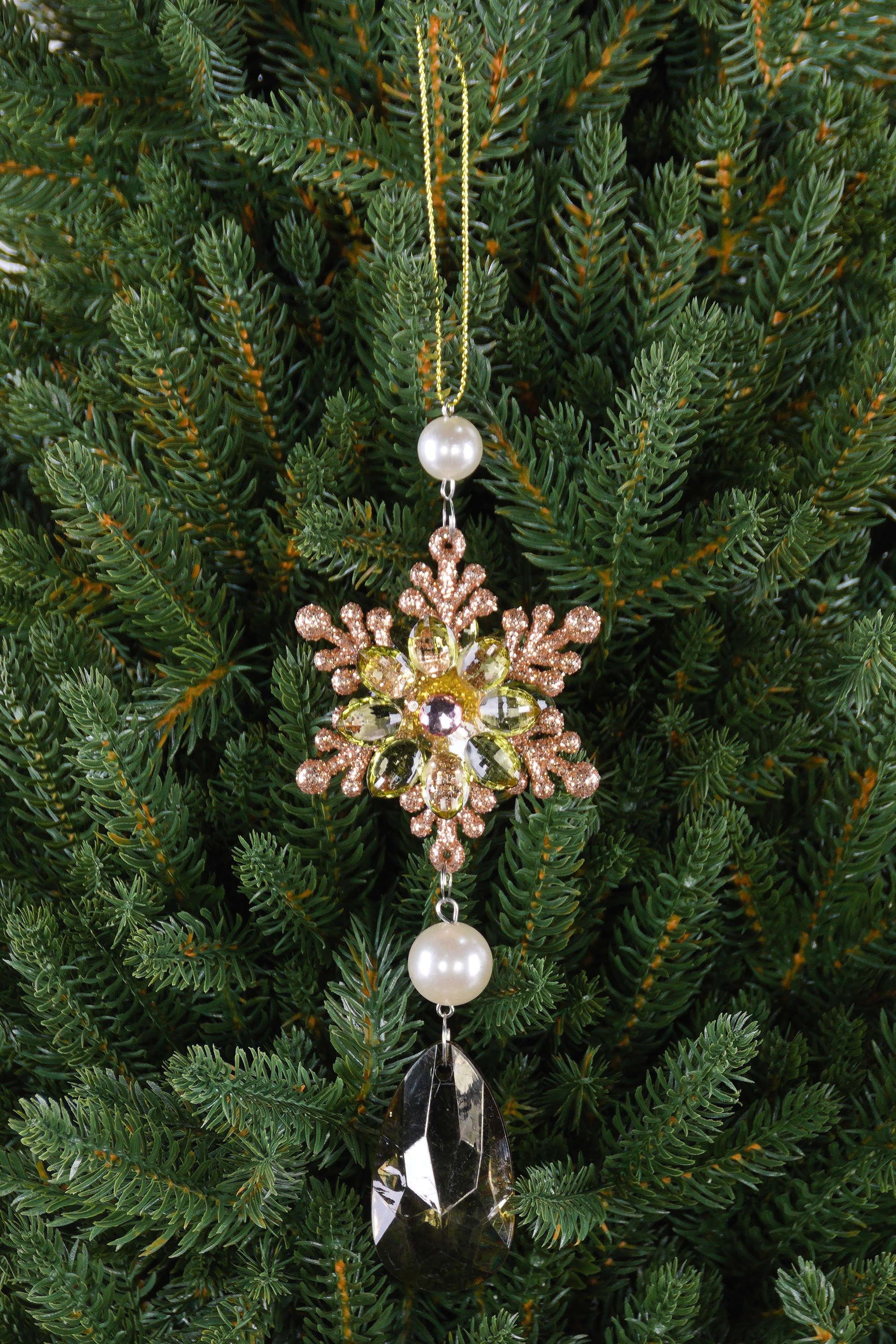 INNA-Glas Christbaumschmuck Acryl Hänger Eisblume ZERA, Tropfen, Glitzer, grün-Gold, 16cm, Ø6cm