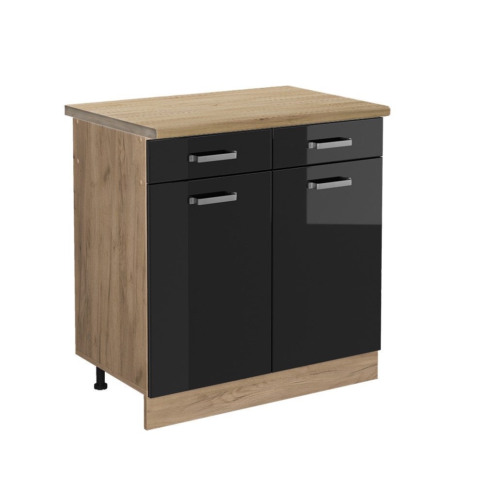 Vicco Küchenunterschrank R-Line Schwarz Hochglanz/Goldkraft Eiche 80 cm AP günstig online kaufen