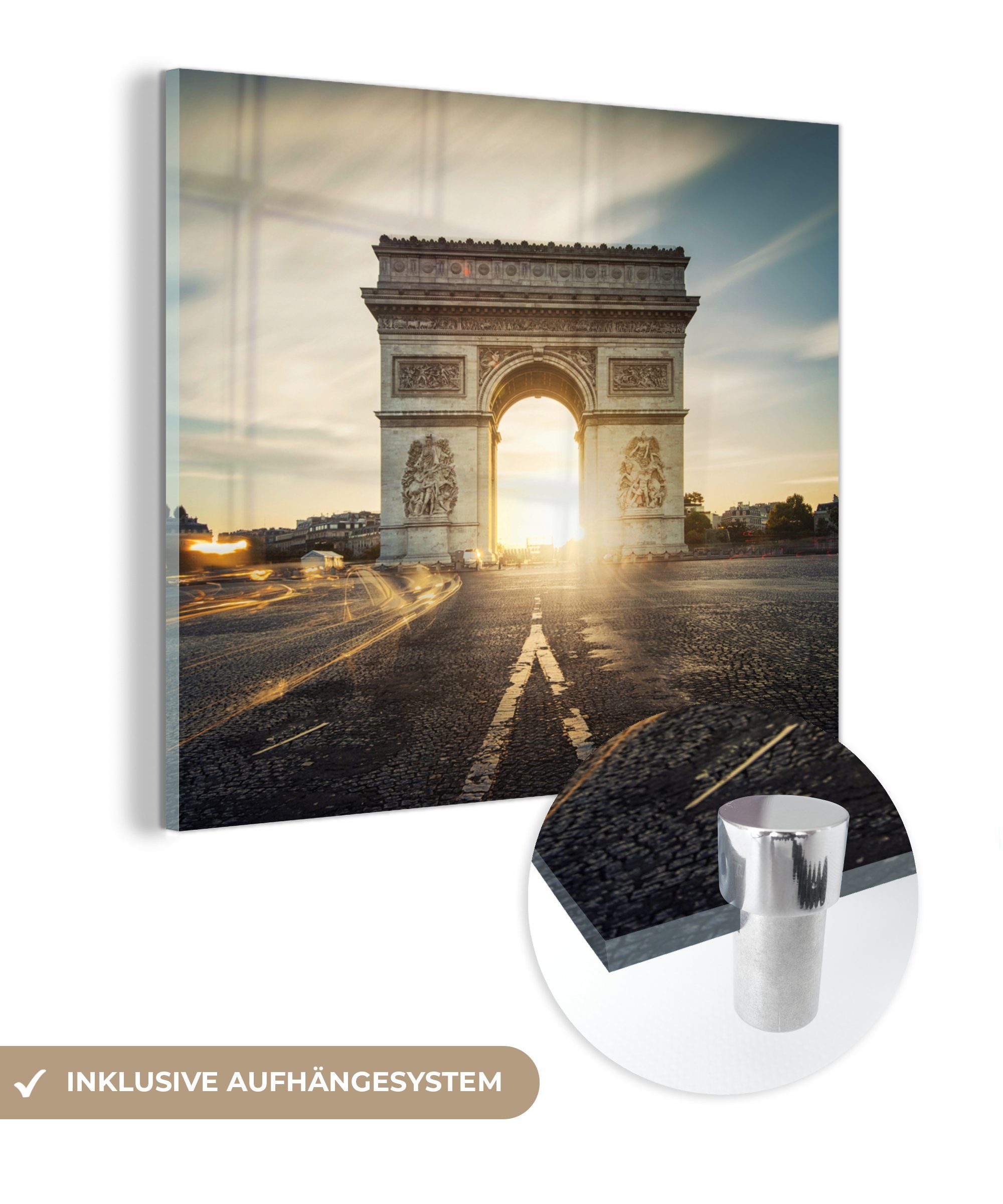 Triumphbogen Glas St), auf auf durch Wanddekoration - Foto Acrylglasbild MuchoWow Wandbild - Glas (1 Paris gesehen, Sonnenaufgang - in einen Bilder Glasbilder