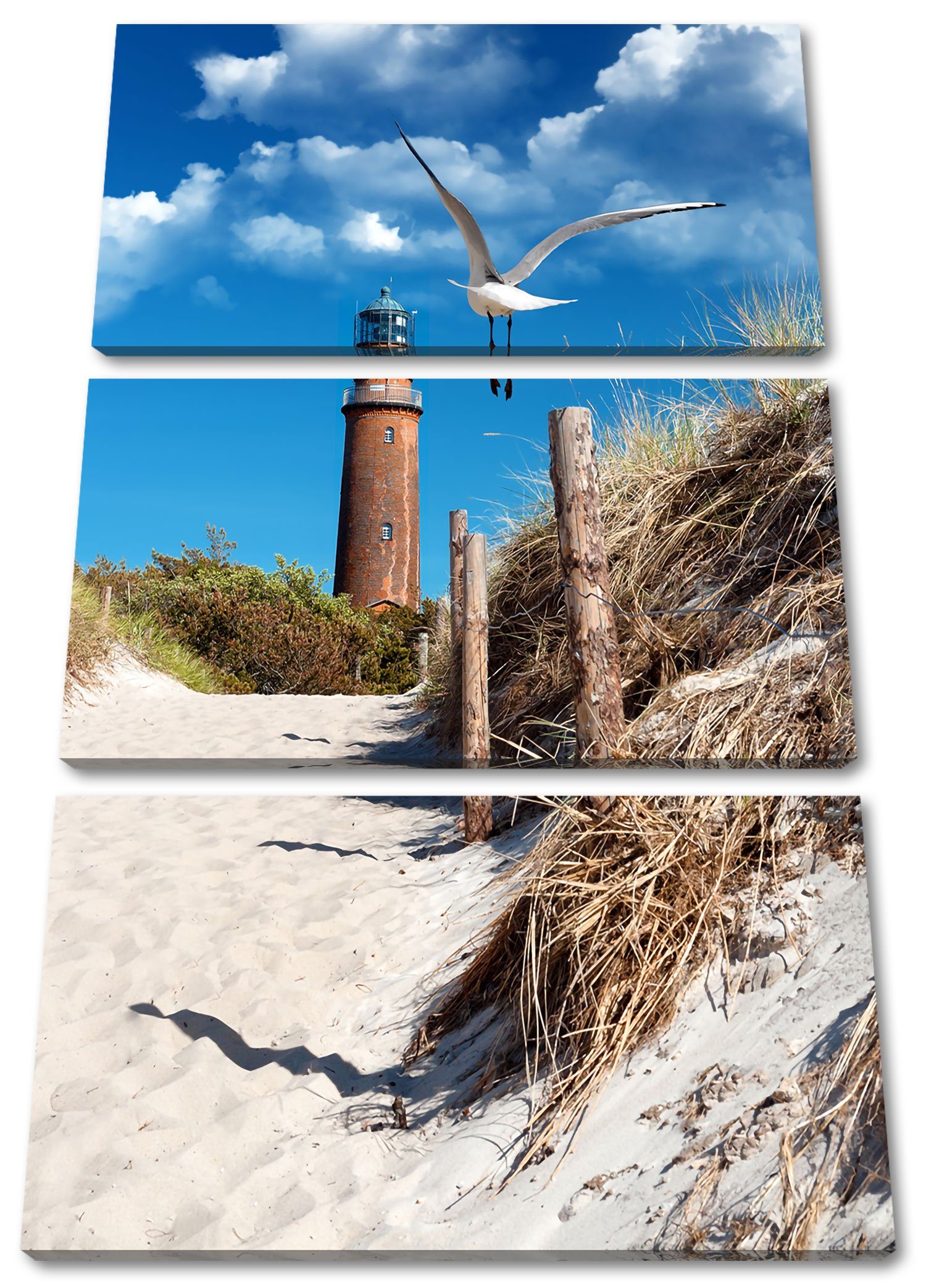 Pixxprint Leinwandbild Schöner Leuchtturm am Strand, Schöner Leuchtturm am Strand 3Teiler (120x80cm) (1 St), Leinwandbild fertig bespannt, inkl. Zackenaufhänger