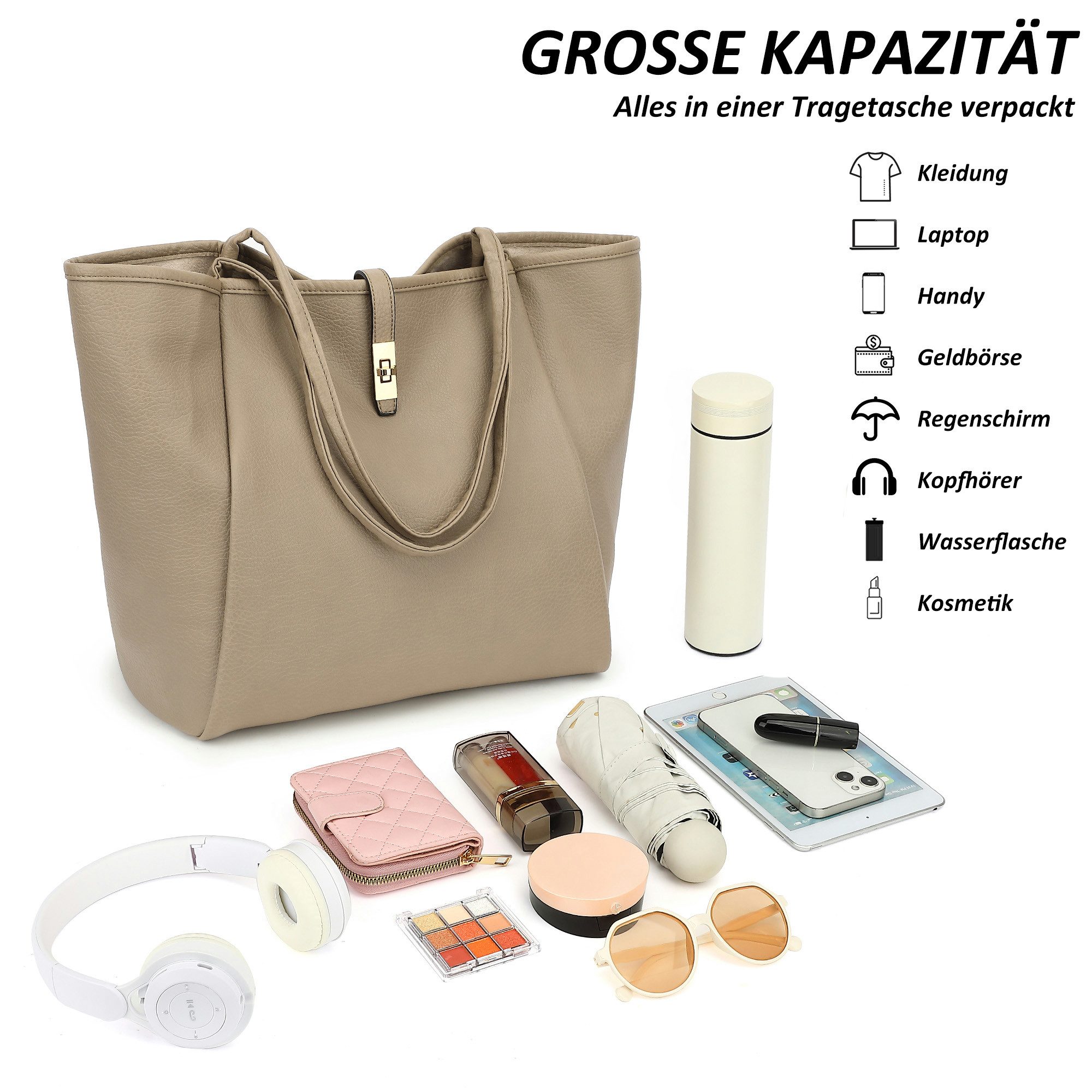TAN.TOMI Schultertasche Damen Umhängetasche PU Leder Tote Shopper Bag Reise Geldbörse, Mit Drehverschluss und Innentasche für Arbeit, Schule, Einkauf