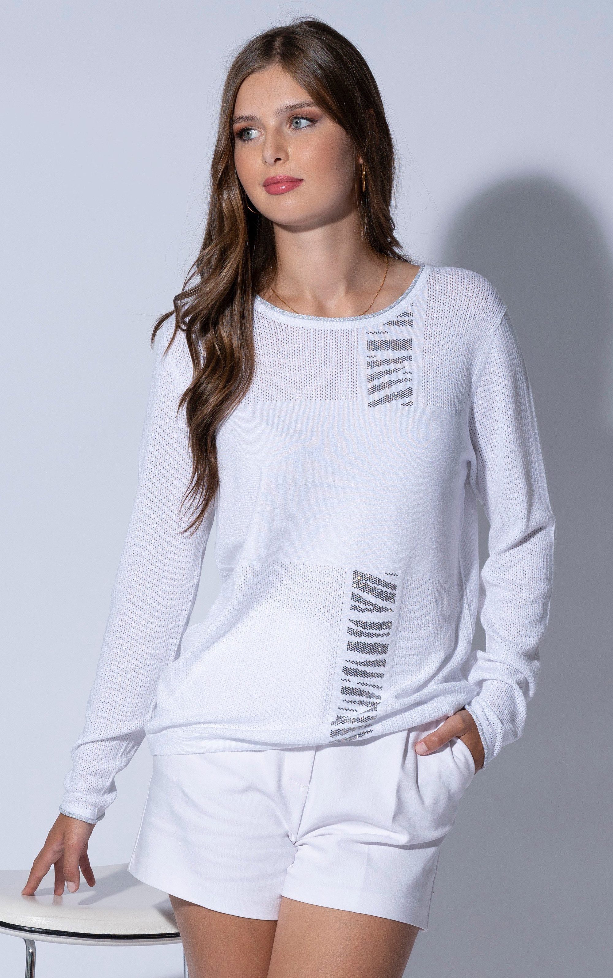 Passioni Streifenpullover Weißer Pullover mit vertikalem Glitzer-Zebrastreifen Perforierter Sweater ideal für den Sommer