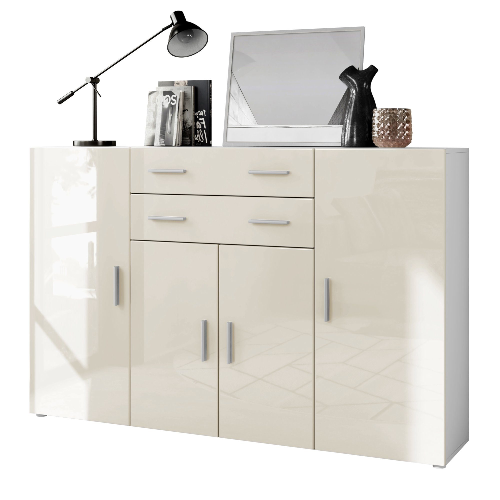 Vladon Highboard Aron (Anrichte, mit 4 Türen und 2 Выдвижные ящики), Weiß matt/Creme Hochglanz (166,5 x 106,5 x 35 cm)