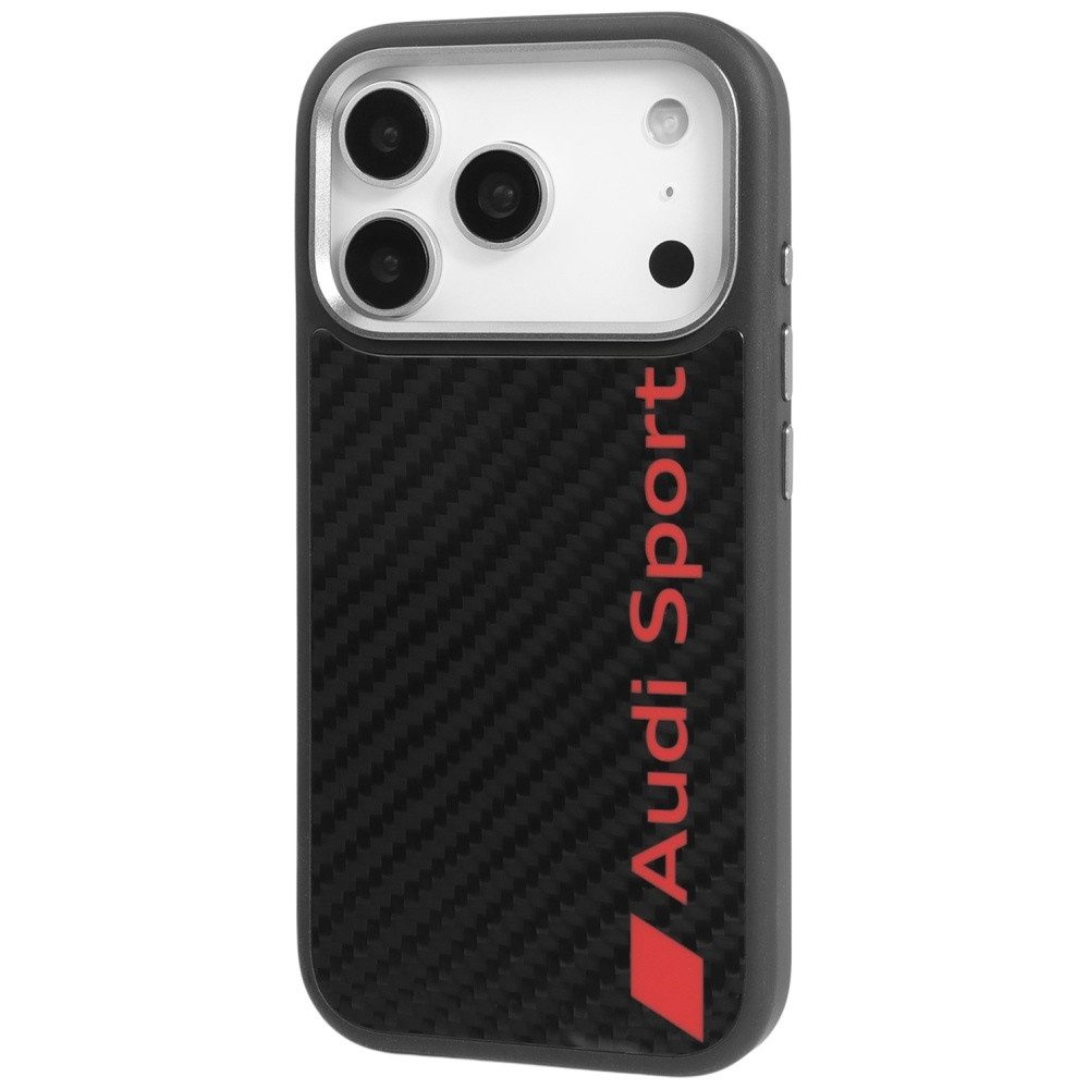Audi Handyhülle iPhone 17 Pro Carbonfaser R8 MagSafe schwarz rot Logo 6,3 Zoll, Kantenschutz