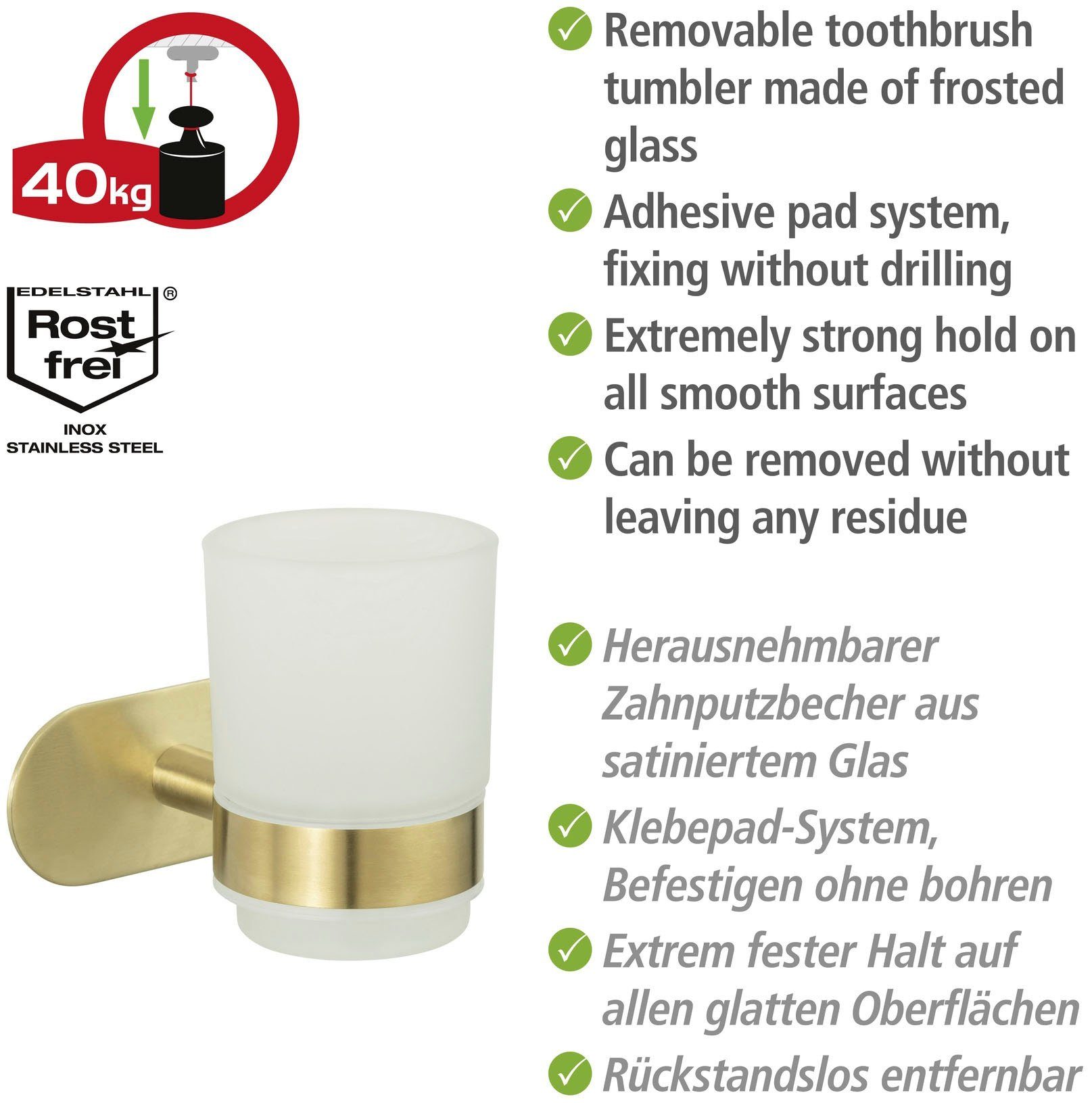 WENKO Zahnputzbecher Turbo-Loc® Uno Orea, mit Wandhalterung ohne Bohren, Edelstahl, satiniertes Glas – Bild 5 von 5