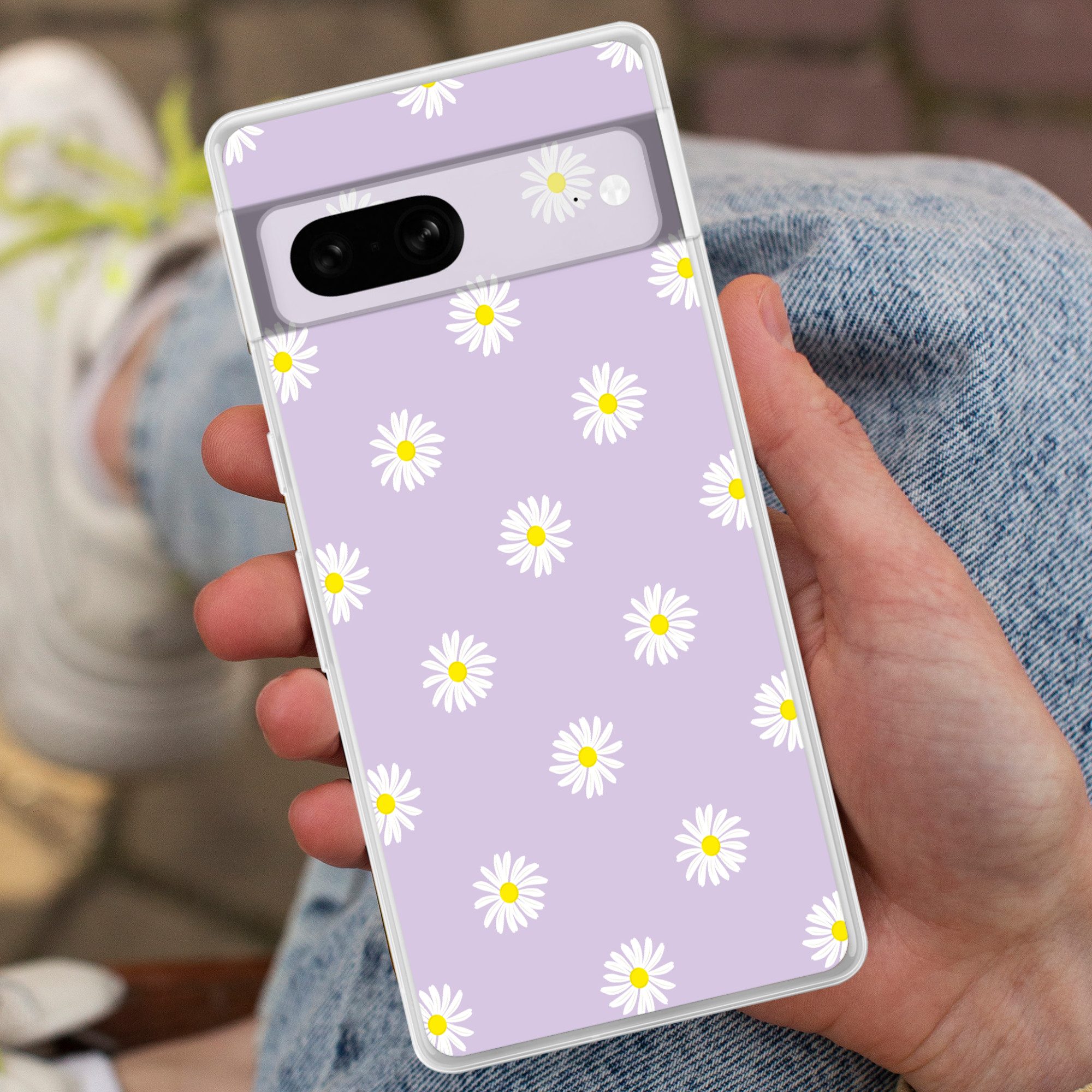 MuchoWow Handyhülle für Google Pixel 7 Gänseblümchen - Pastell - Weiß - Lila - Blumen, Phone Case, Silikon, Schutzhülle Dünn