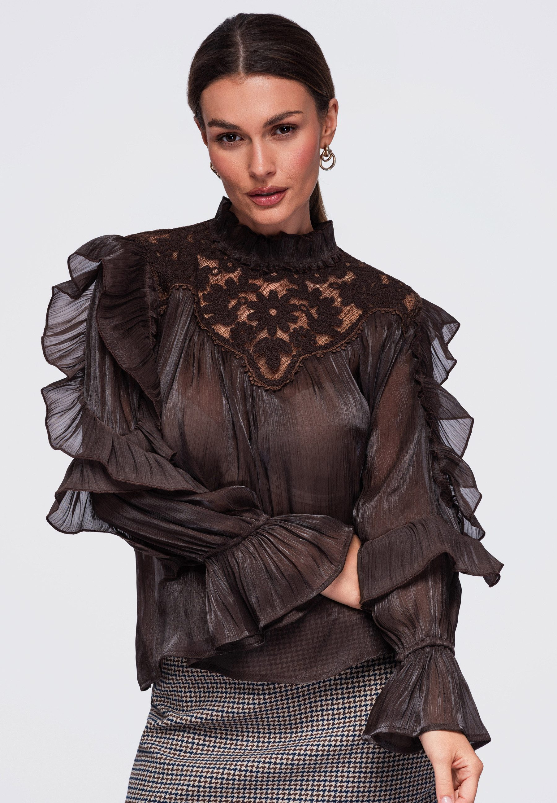 OMBRE Hemdbluse Damen Hemdbluse mit Volantkragen elegant Braun ONESIZE (kein Set, 1-tlg)
