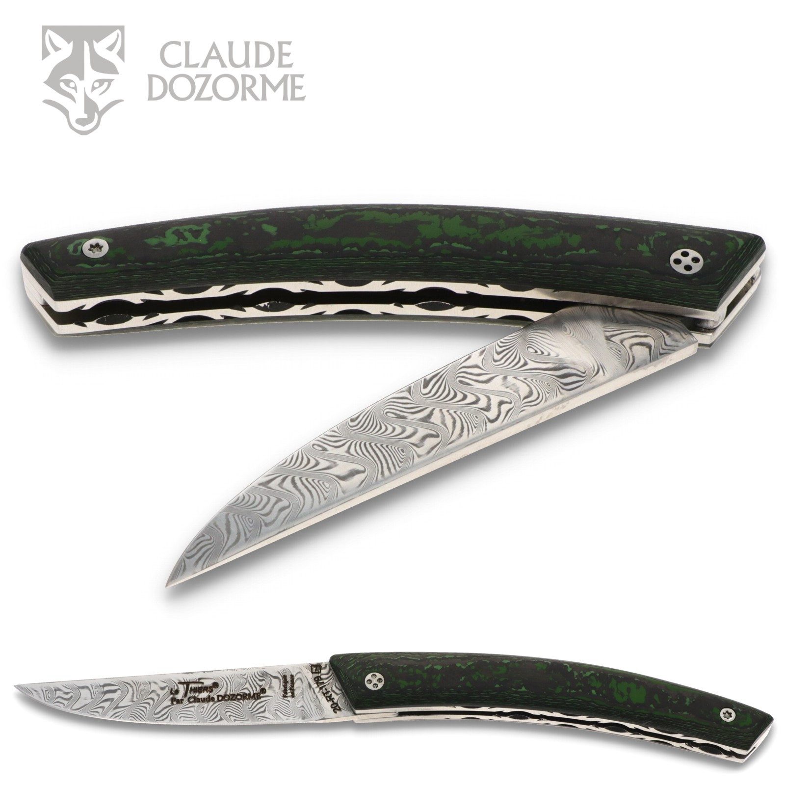 Claude Dozorme Taschenmesser DIV RLT carb camou damas, Le Thiers RLT - Griff 12cm Carbon - Damastklinge - Platine verziert