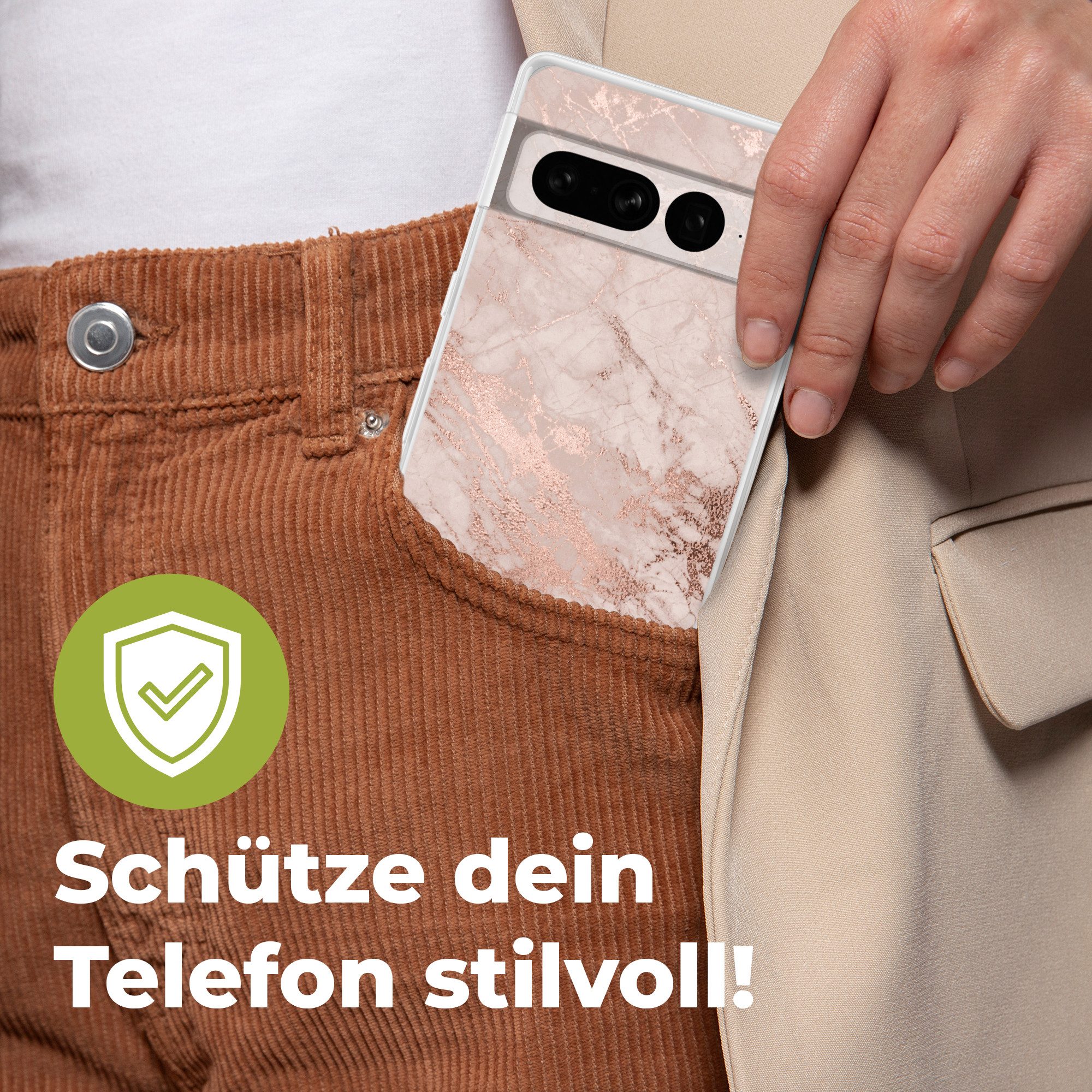 MuchoWow Handyhülle für Google Pixel 7 Pro Marmor - Rosa - Luxus - Marmoroptik - Glitzer -, Phone Case, Silikon, Schutzhülle Dünn