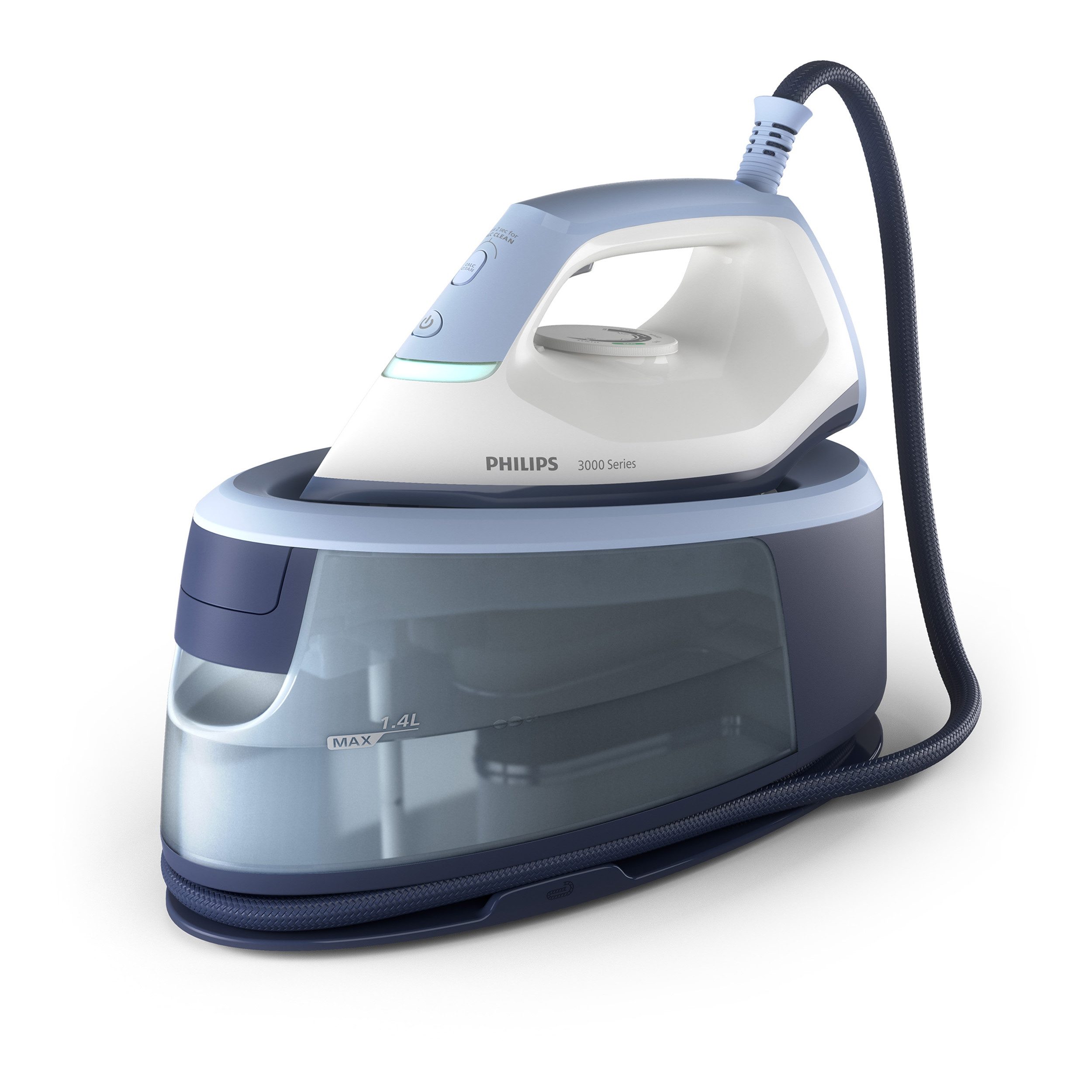 Philips Dampfbügelstation PerfectCare 3000 Series PSG3000/20, hellblau/dunkelblau/weiß, 1400 ml Wassertank, 2.400 Watt, Vertikaldampf, Keramik-Bügelsohle, 350gr Dampfstoß