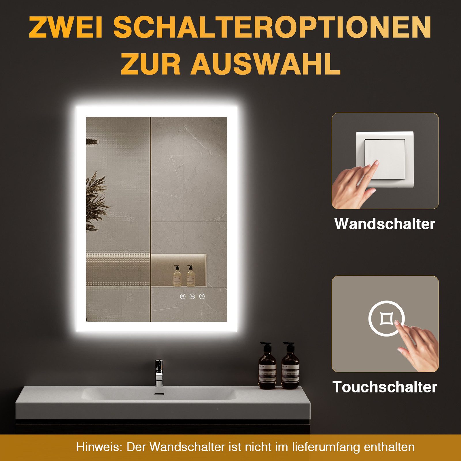 PESENXAN Badspiegel Wandspiegel Badezimmerspiegel mit Beleuchtung, IP44 LED-Spiegel-Bad (1-St., Touch-Schalter und Speicherfunktion, Horizontal/Vertikal), 3 Lic – Bild 5 von 5