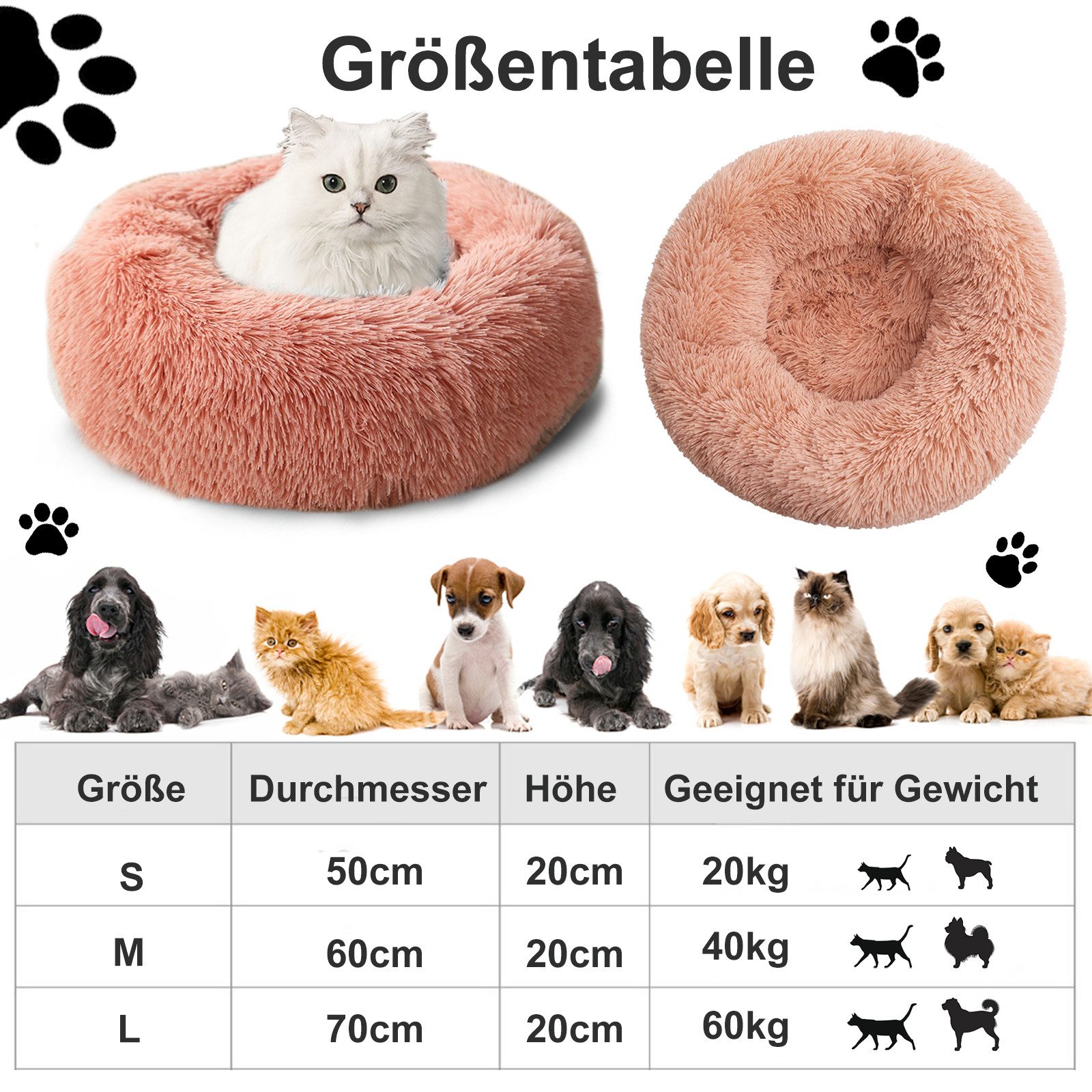 CALIYO Tierbett Tierbetten, Katzenbett waschbar Flauschiges Hundebett 50/60/70/100 cm, für Katzen und kleine Hunde, plüsch Katzenkissen rund