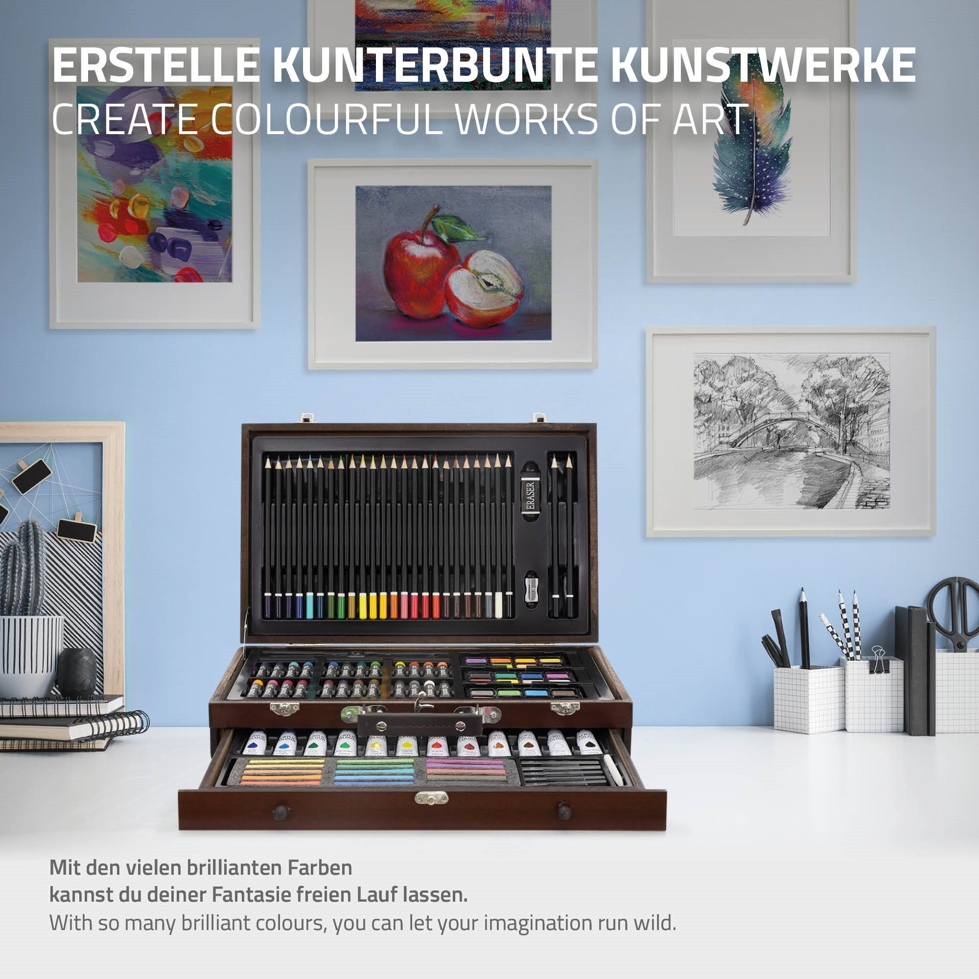 112 Germany Künstler Öl-Acrylfarben ECD Malen Set Künstlerset Zubehör teilig Buntstifte Kofferstaffelei Artist Malset Zeichenset Kinder/Erwachsene Zeichnen Malkoffer,