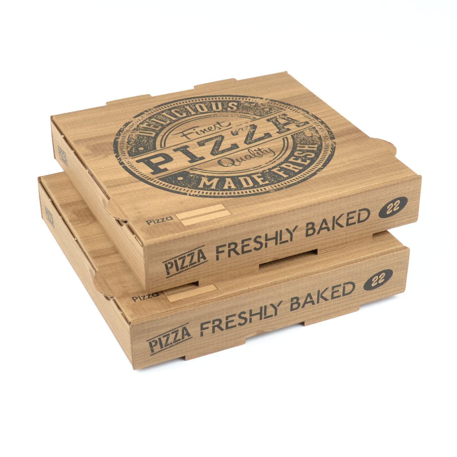 Einwegschale 100 Stück Pizzakartons, Modell "Francia", (22×22×4 cm) kraft, Pizzabehältnisse mit Pizza-Motiv kraftbraun Boxen für Pizza