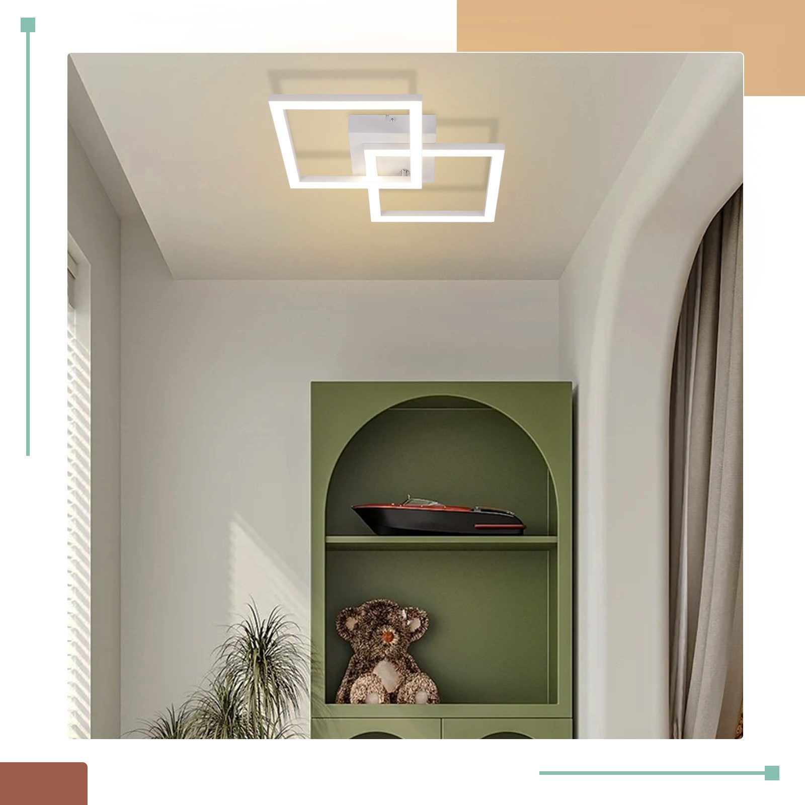 ZMH LED Deckenleuchte Wohnzimmer Modern 2 Flammig 24W Deckenlampe Schlafzimmer Flur, LED fest integriert, 4000K, Weiß-Neutralweiß Schlafzimmerlampe Eckig Flur – Bild 5 von 5