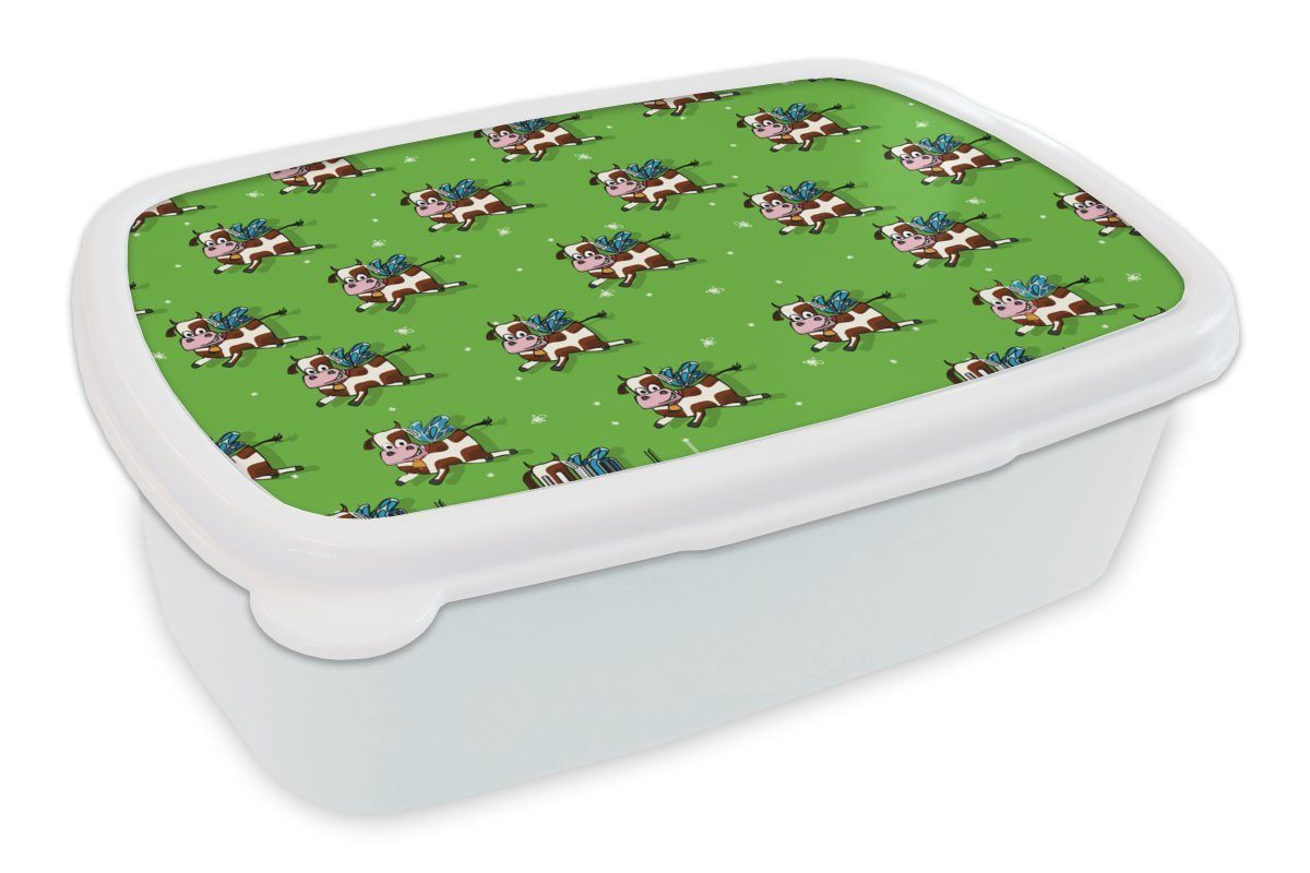 MuchoWow Lunchbox Kuh - Flügel - Muster - Kind, Kunststoff, (2-tlg), Brotbox für Kinder und Erwachsene, Brotdose, für Jungs und Mädchen weiß