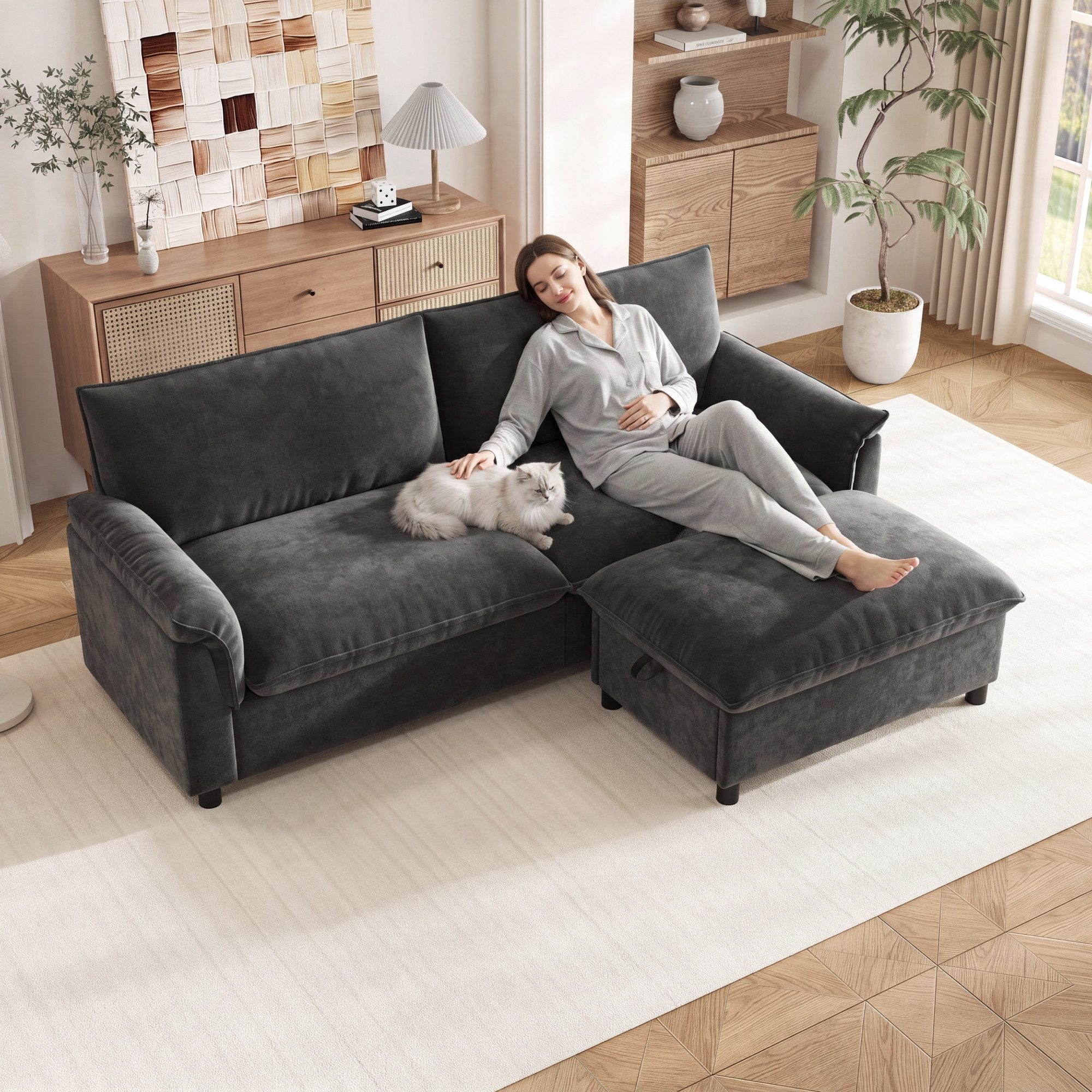 Flieks Sofa Modulares Cloud-Sectional-Sofa Ecksofa Schlafsofa, Maße: B216×H82×T77 cm 2 Teile, L-Form 2-Sitzer inkl. 1 Fußhocker mit Stauraum Bettfunktion Chenille