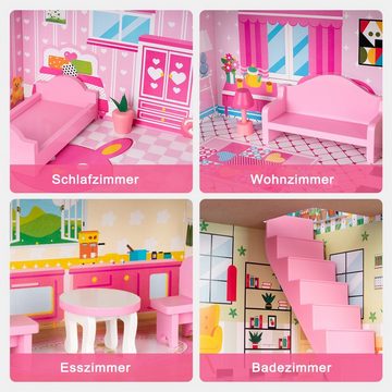 BlingBin Puppenhaus Spielset aus Holz mit Möbeln und Zubehör Traumhaus-Spielzeugset, (1 Set, 1-tlg., 3 Etagen & 10 Möbel & 5 Zimmern), für Mädchen, Puppenvilla Dollhouse Spielzeug für Kinder ab 3 Jahren