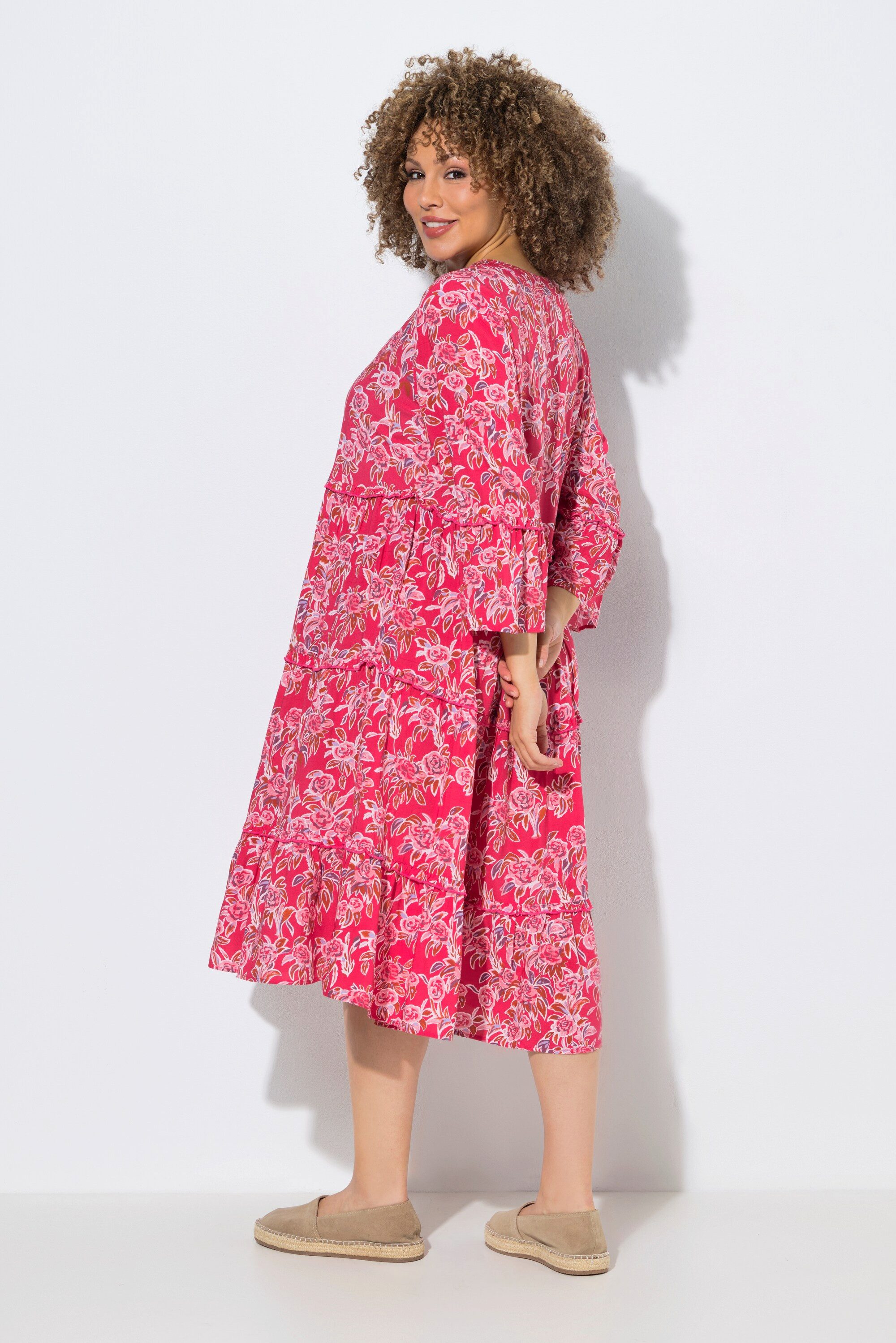 Ulla Popken Midikleid Kaftan-Kleid Volants Tunika-Ausschnitt 3/4-Arm