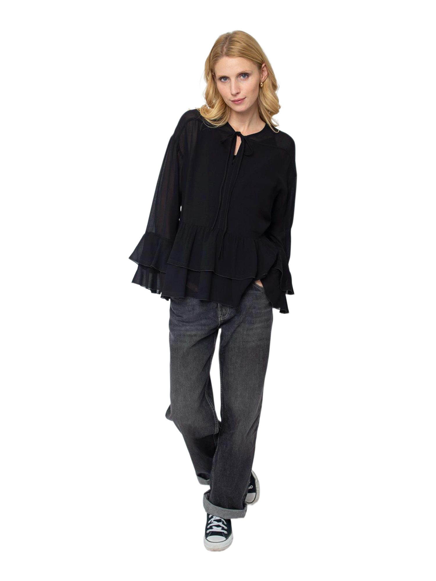 Emily Van Den Bergh Blusenshirt schwarz,Festlich,Viskose,Unifarben,V-Ausschnitt,Lang,Regular Fit