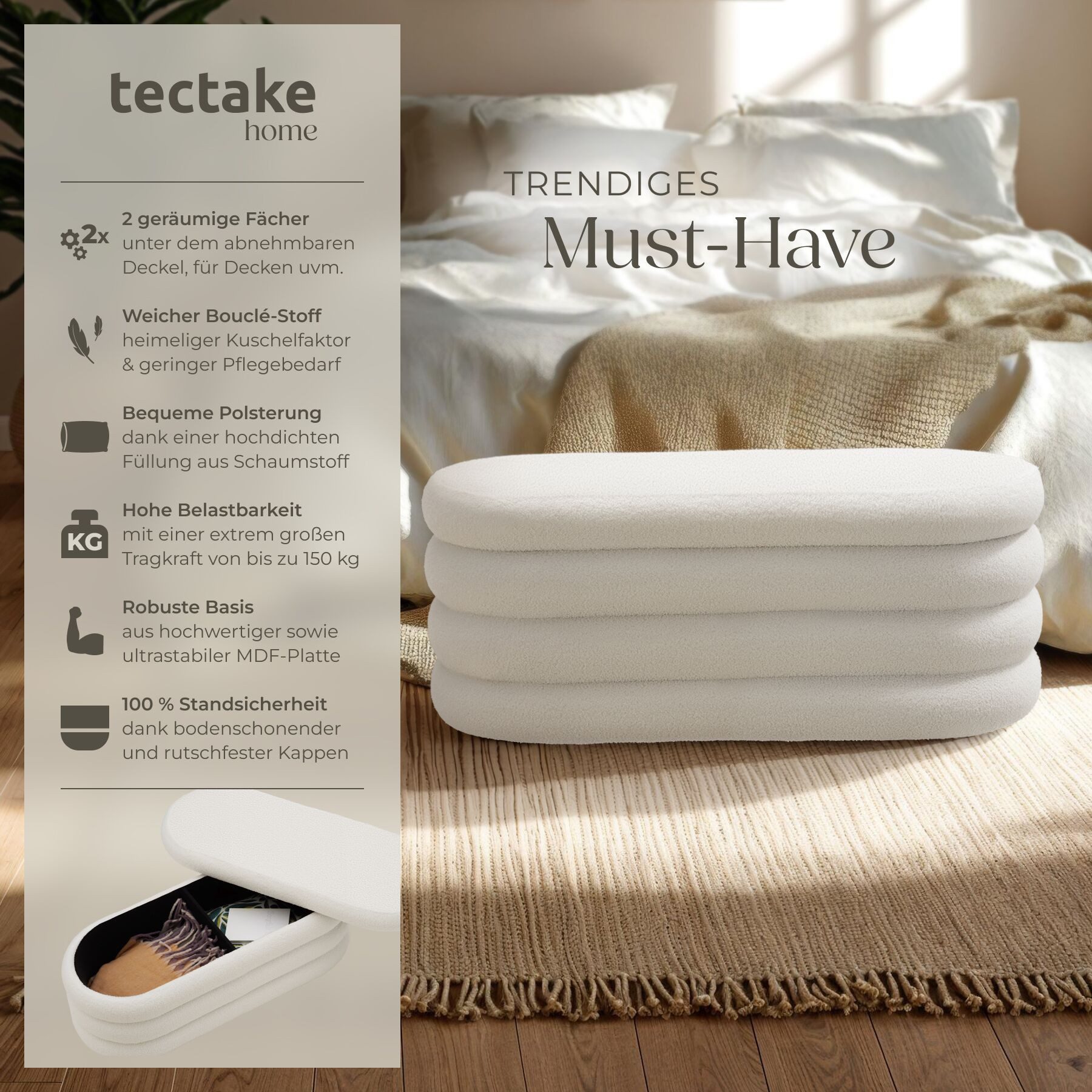 tectake Bank Polsterbank Altu mit großem Stauraum, 110 x 45 x 42 cm (Sitzbank, 1-St. Bouclé Creme-Weiß), bodenschonende Kunststoffkappen, Belastbarkeit 150 kg